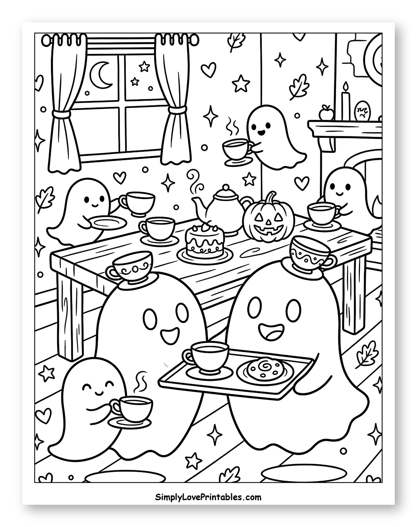 Cute Ghosts Having a Halloween Tea Party Coloring Sheet for Adults