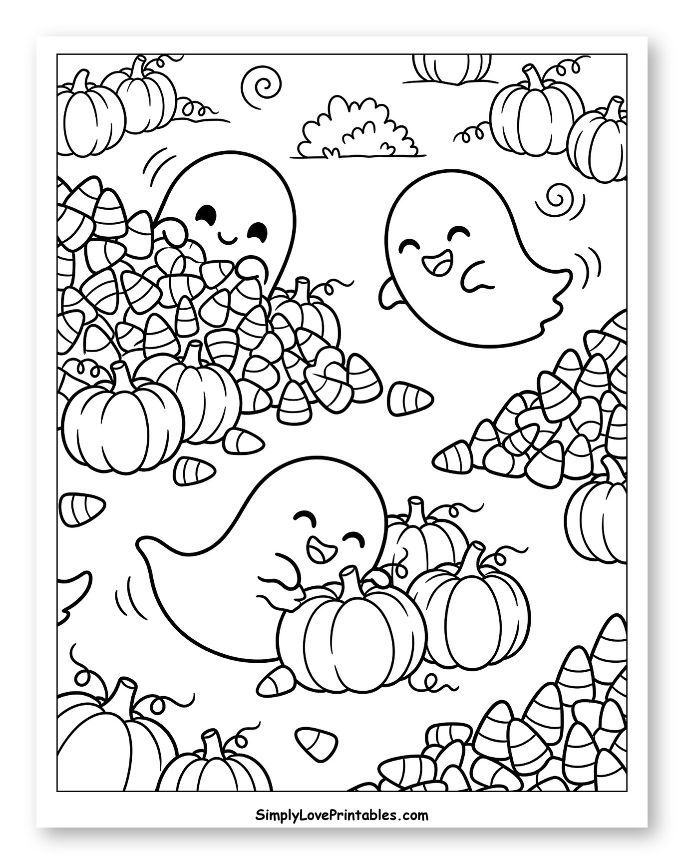 Cute Ghosts Playing with Pumpkins and Candy Corn