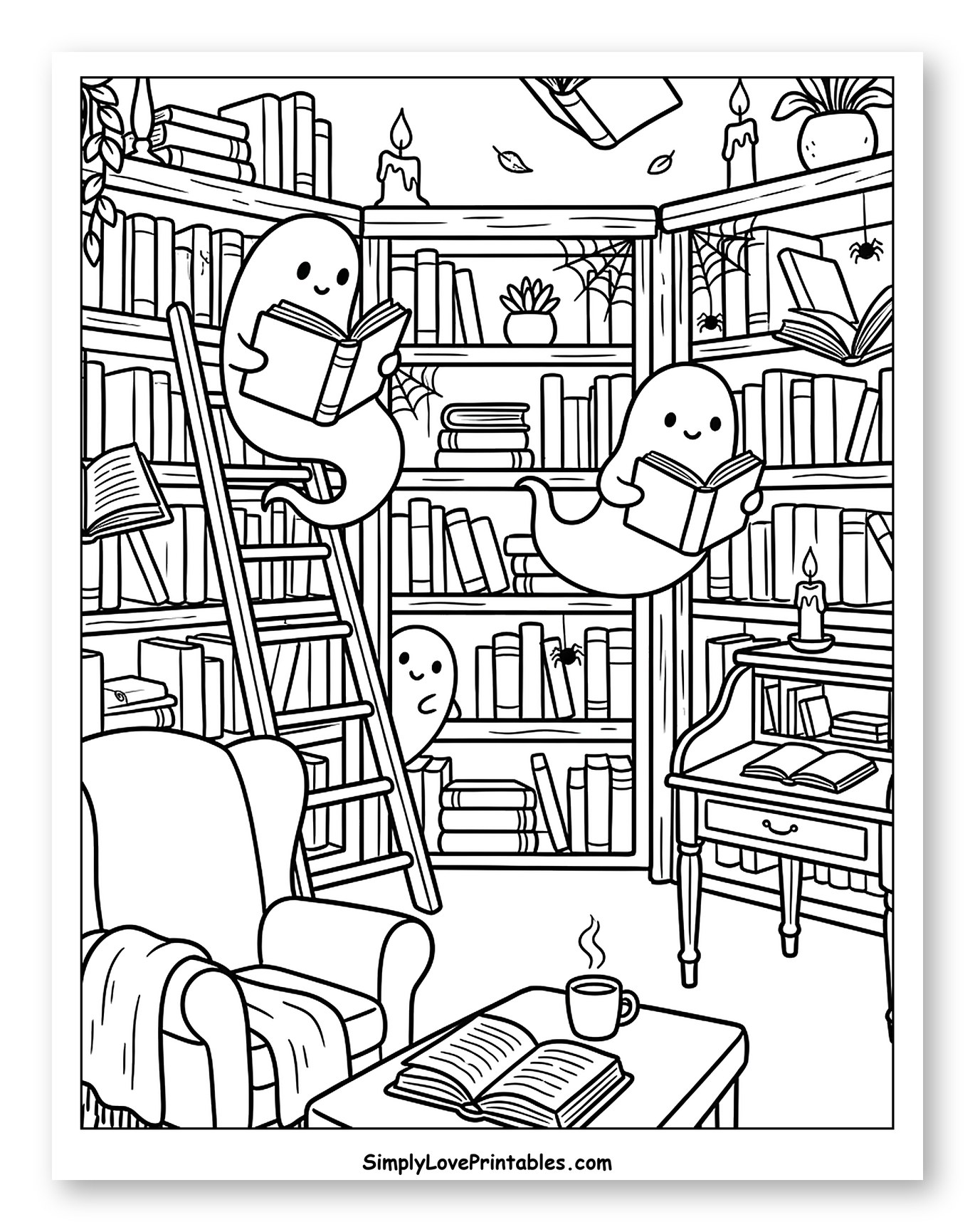 Cute Ghosts Reading in a Spooky Library