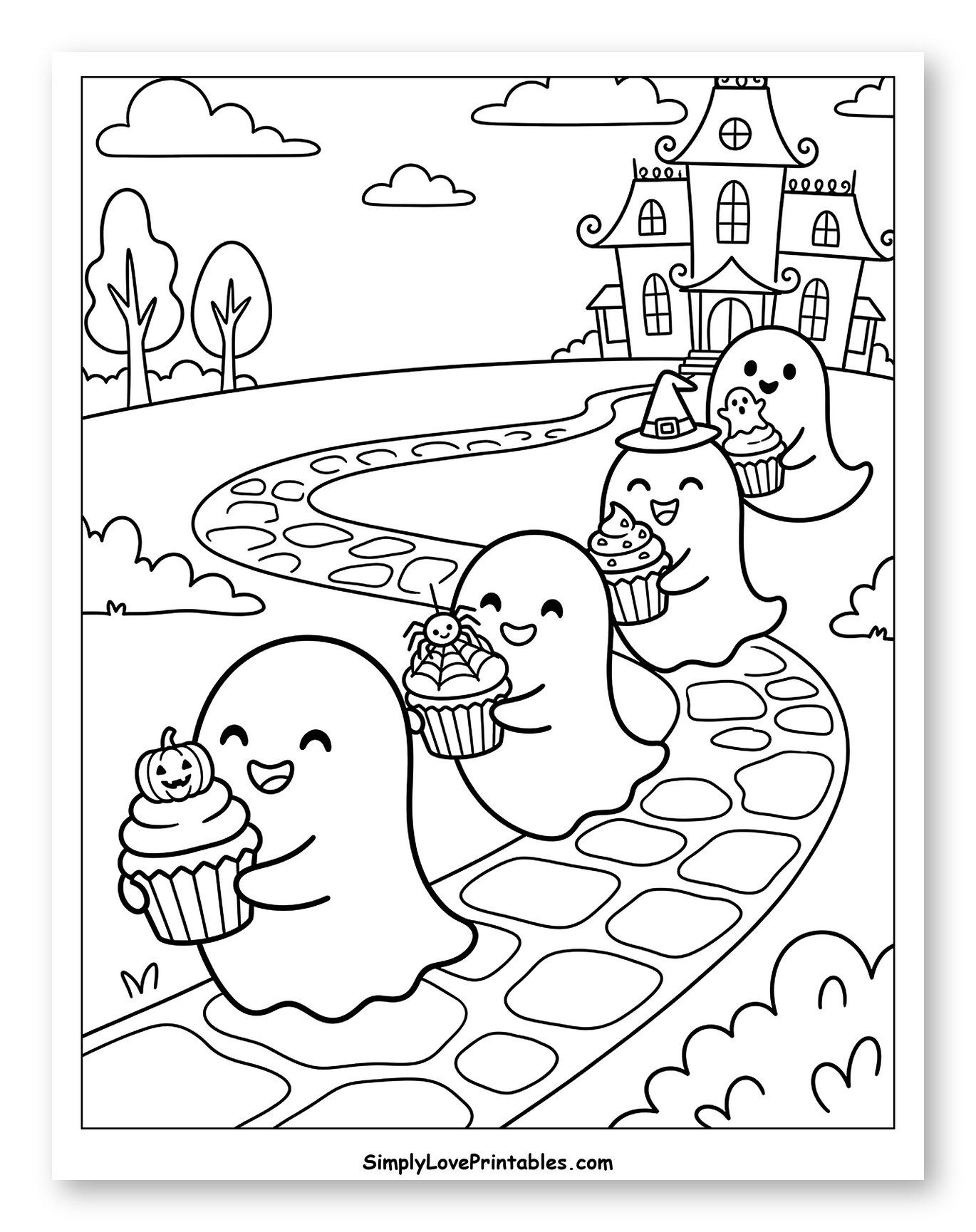 Cute Ghosts with Cupcakes on Halloween Path