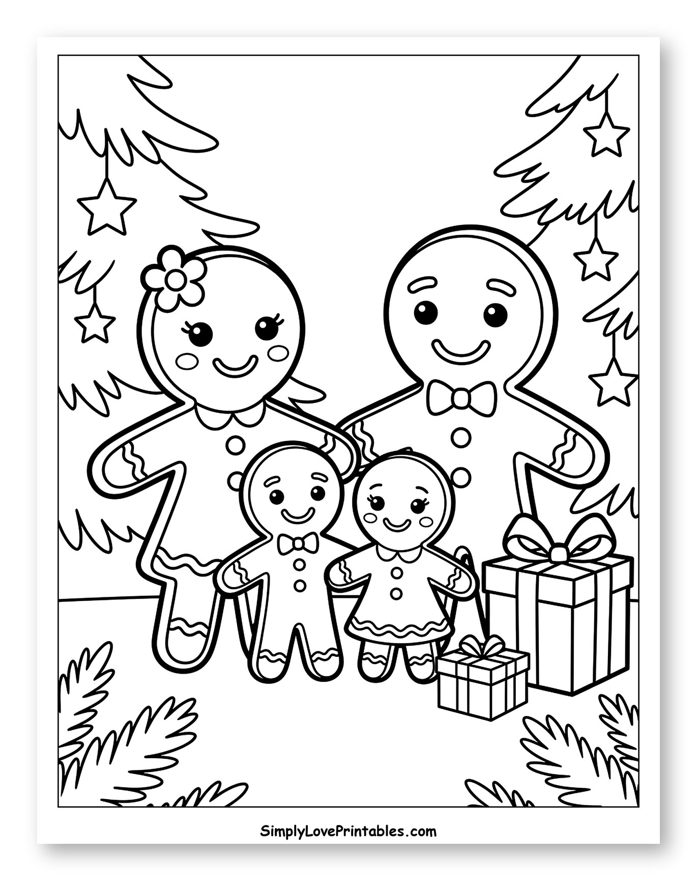 Cute Gingerbread Family Under the Christmas Tree Coloring Page for Toddlers