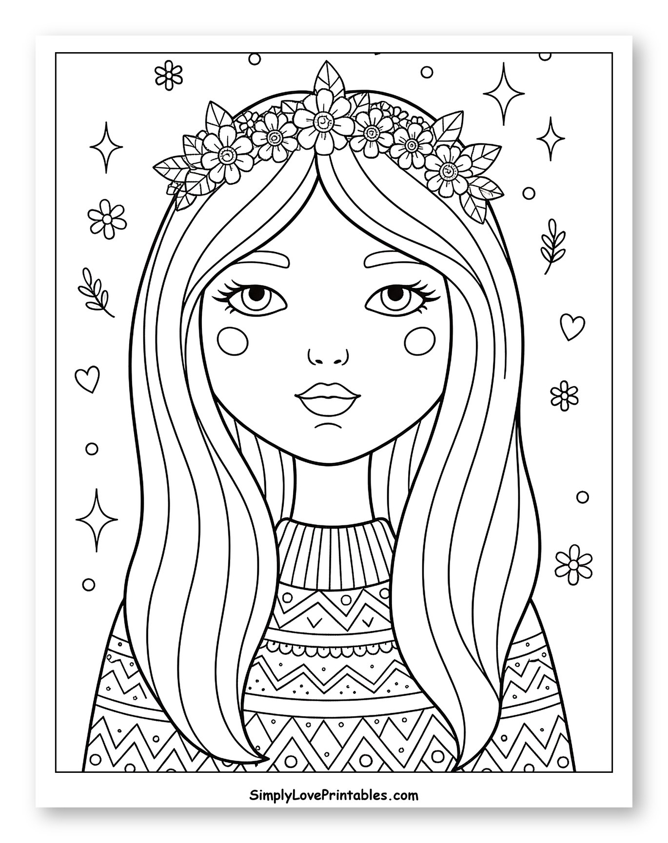 Cute Girl Wearing a Floral Crown and Sweater Coloring Sheet for Adults