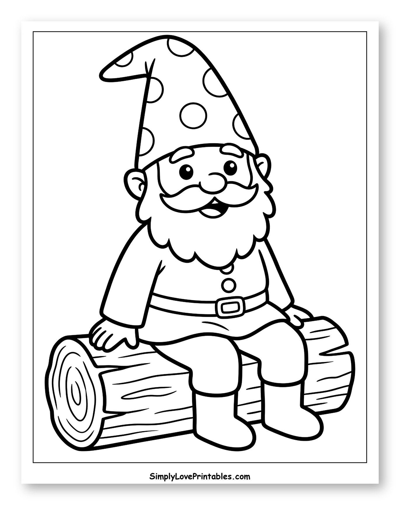 Cute Gnome Sitting on a Log Coloring Page for Toddlers