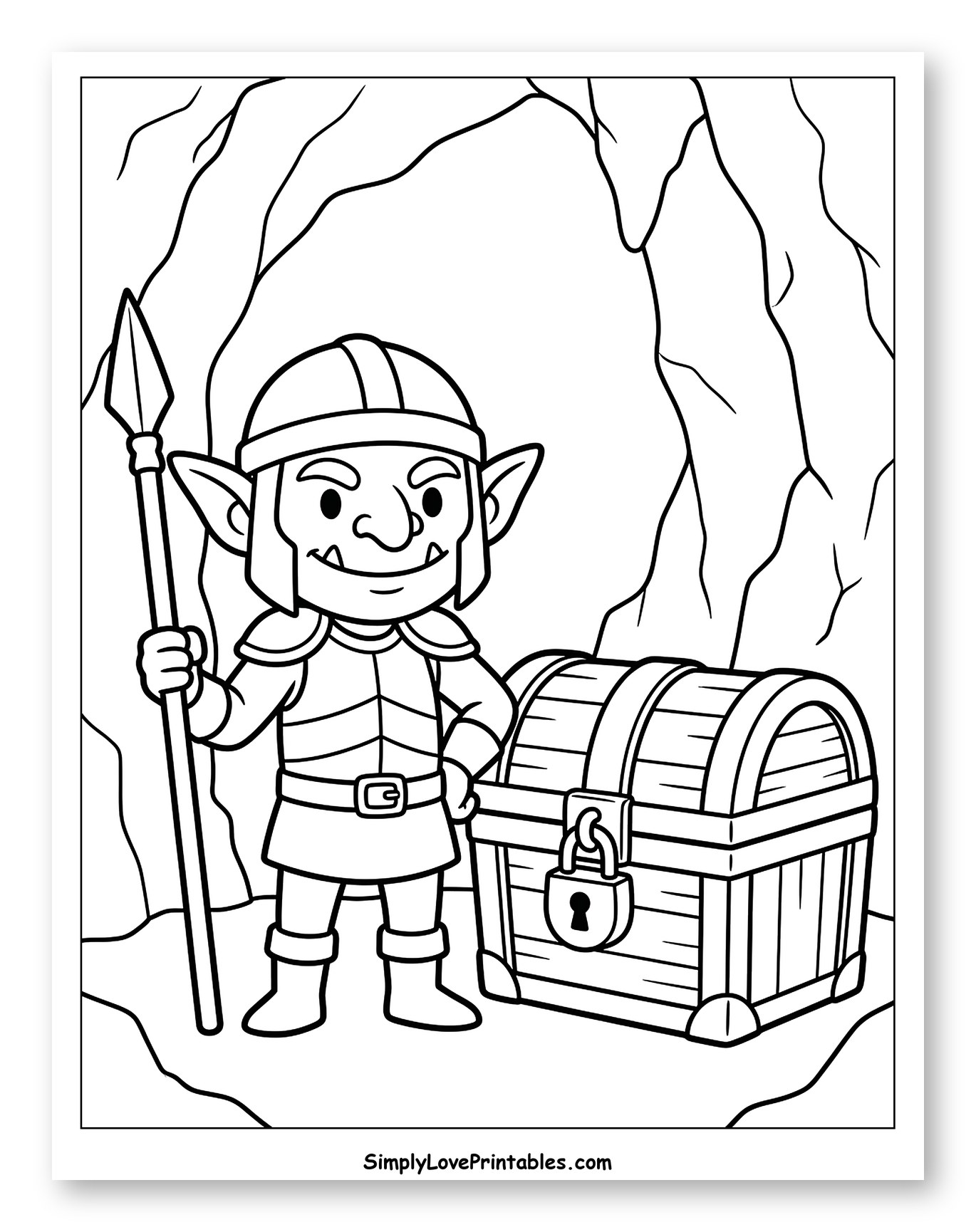 Cute Goblin Guarding a Treasure Chest to Color for Kids