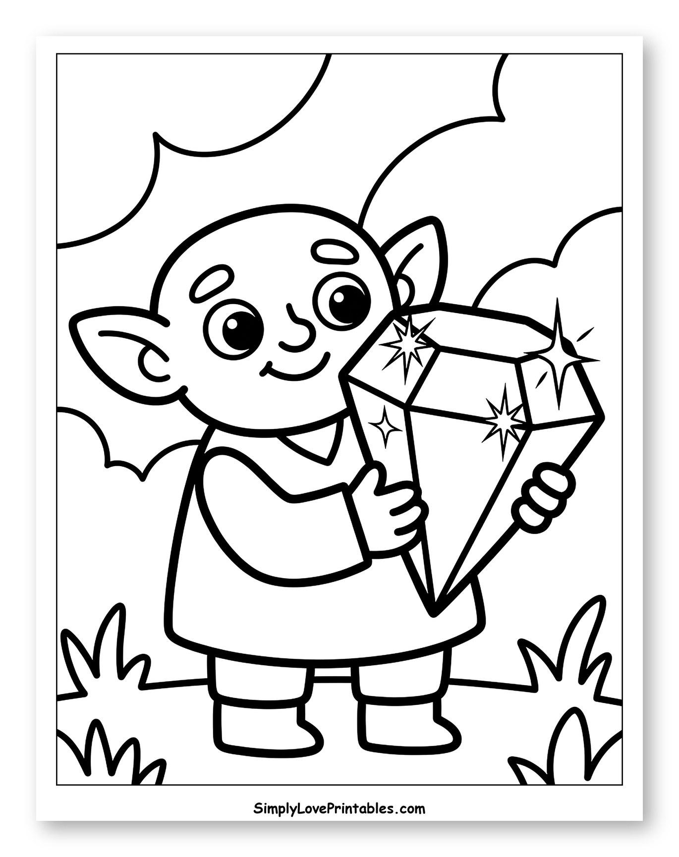 Cute Goblin Holding a Big Sparkling Diamond to Color for Toddlers