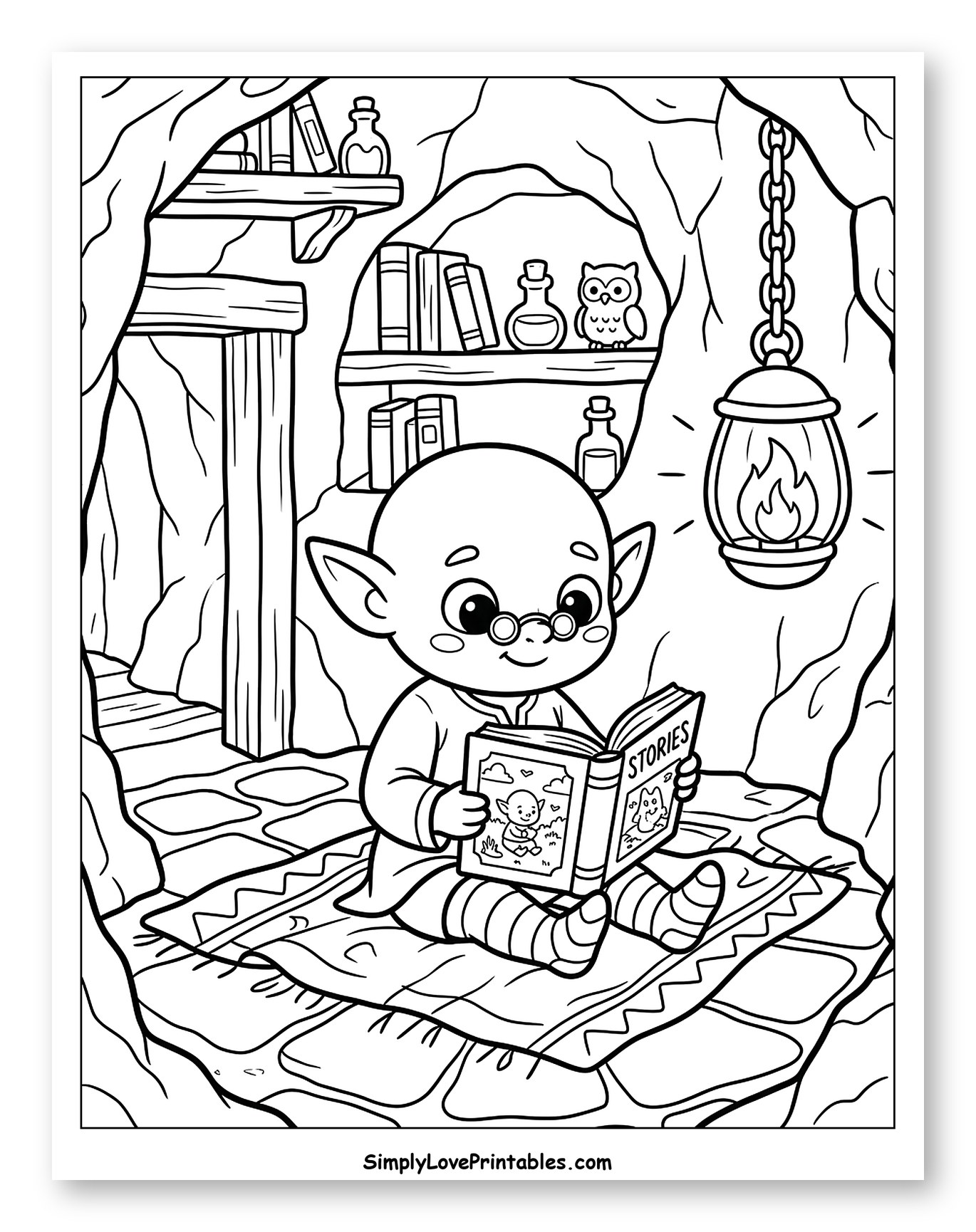 Cute Goblin Reading Book in a Cozy Cave