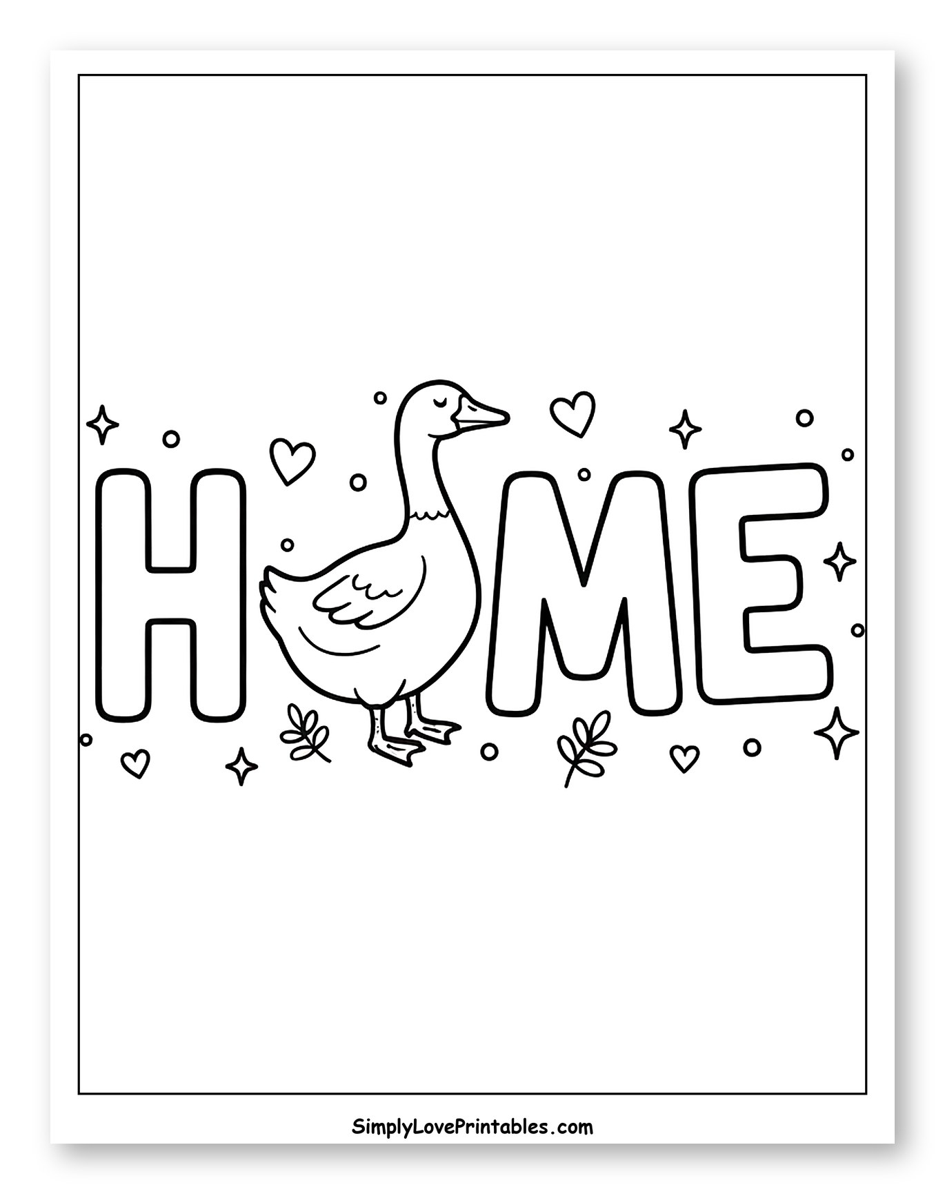 Cute Goose and Letters Spelling HOME Coloring Page for Adults