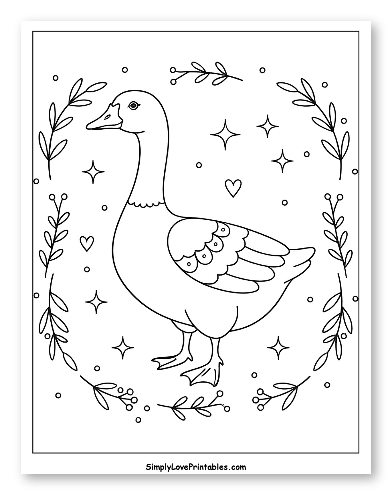 Cute Goose in a Decorative Leaf Frame Coloring Page for Adults