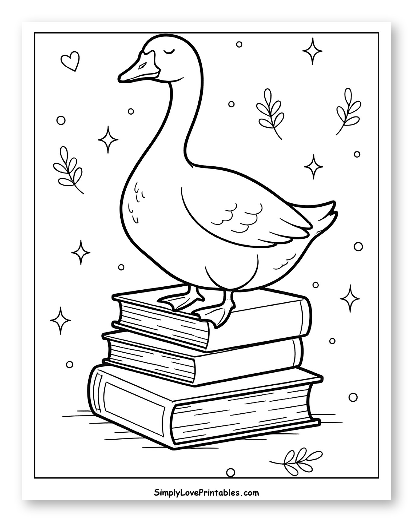 Cute Goose Standing on a Stack of Books Coloring Sheet for Adults
