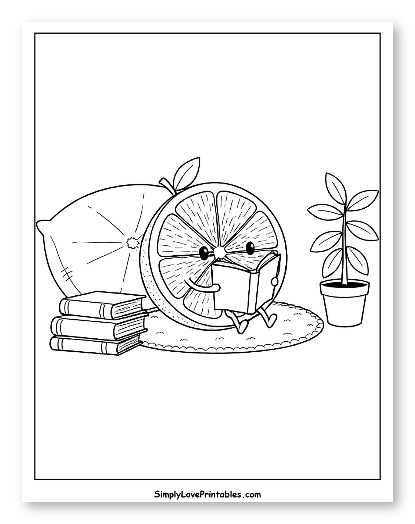 Cute Grapefruit Reading with Books and Plant