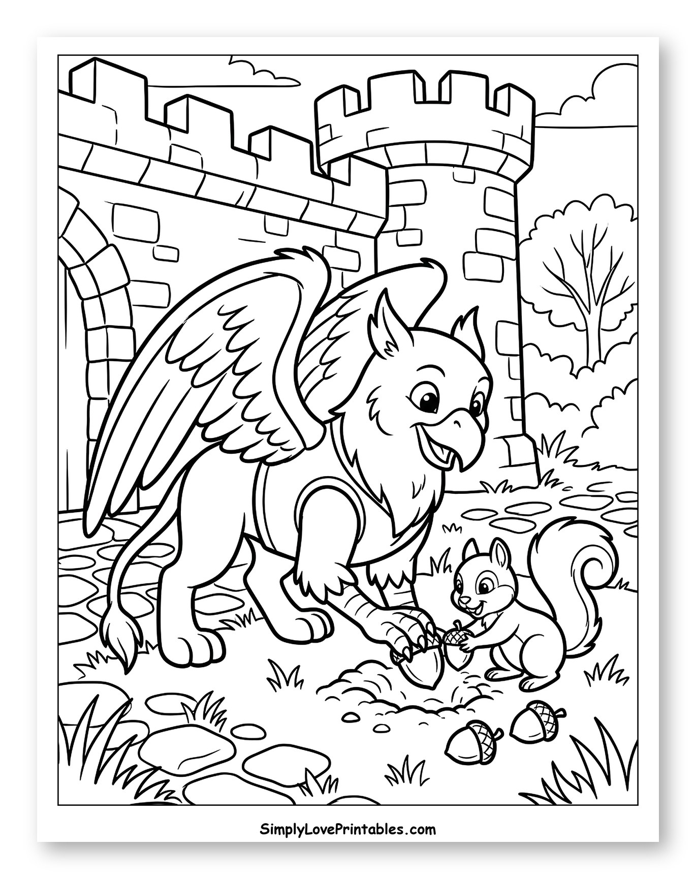 Cute Griffin and Squirrel with Acorns Coloring Page for Kids