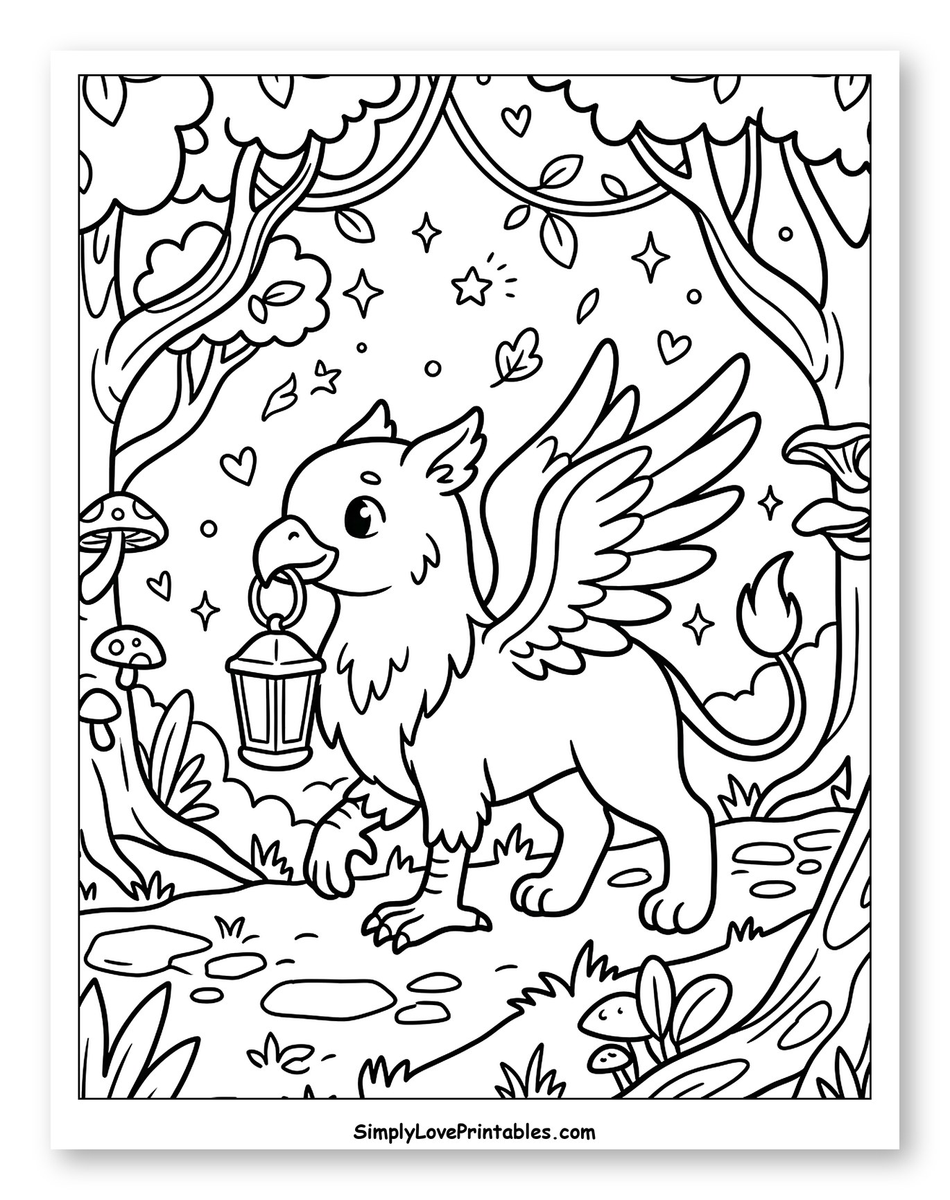 Cute Griffin Holding Lantern in Enchanted Forest Coloring Sheet for Adults