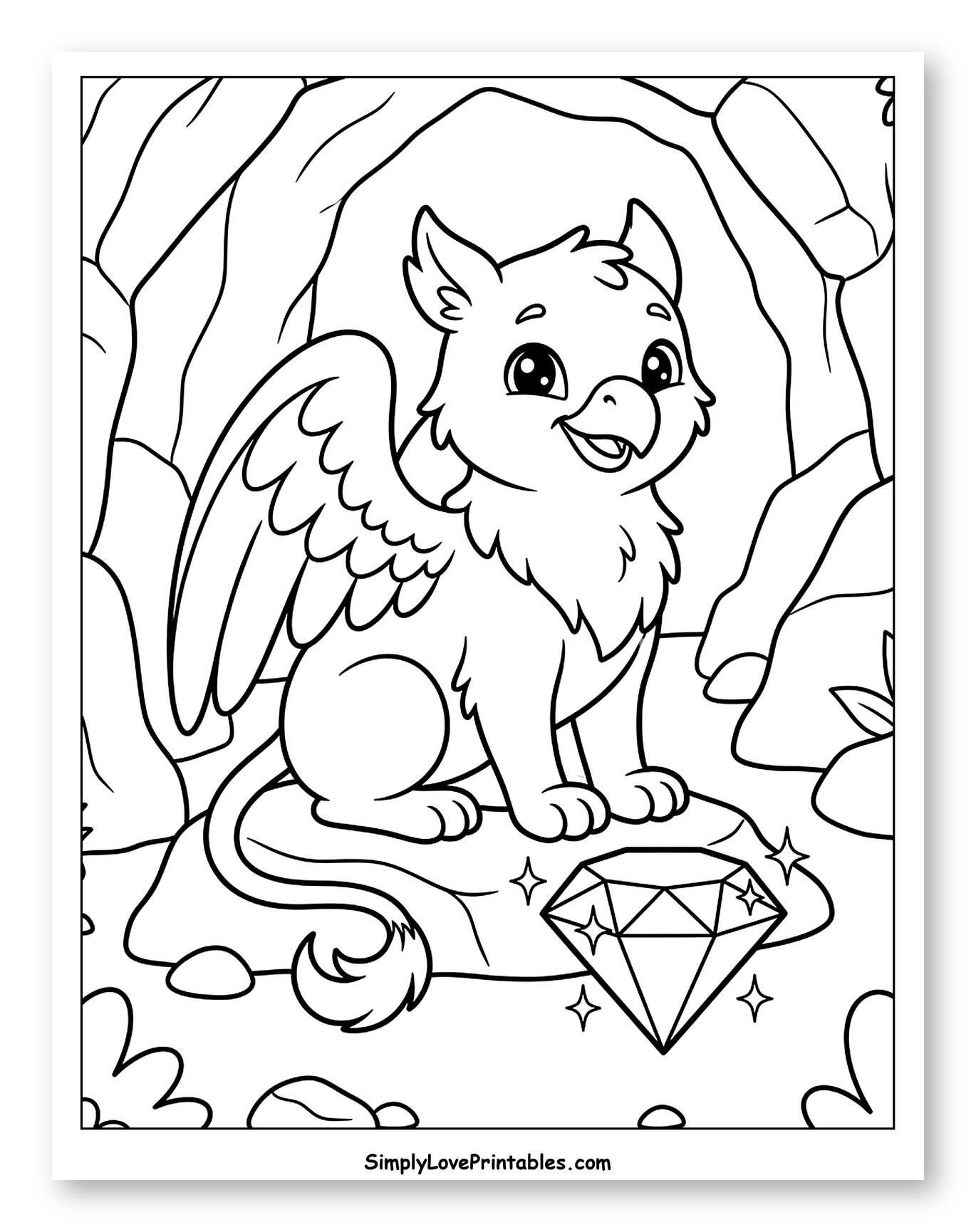 Cute Griffin in a Cave with a Diamond