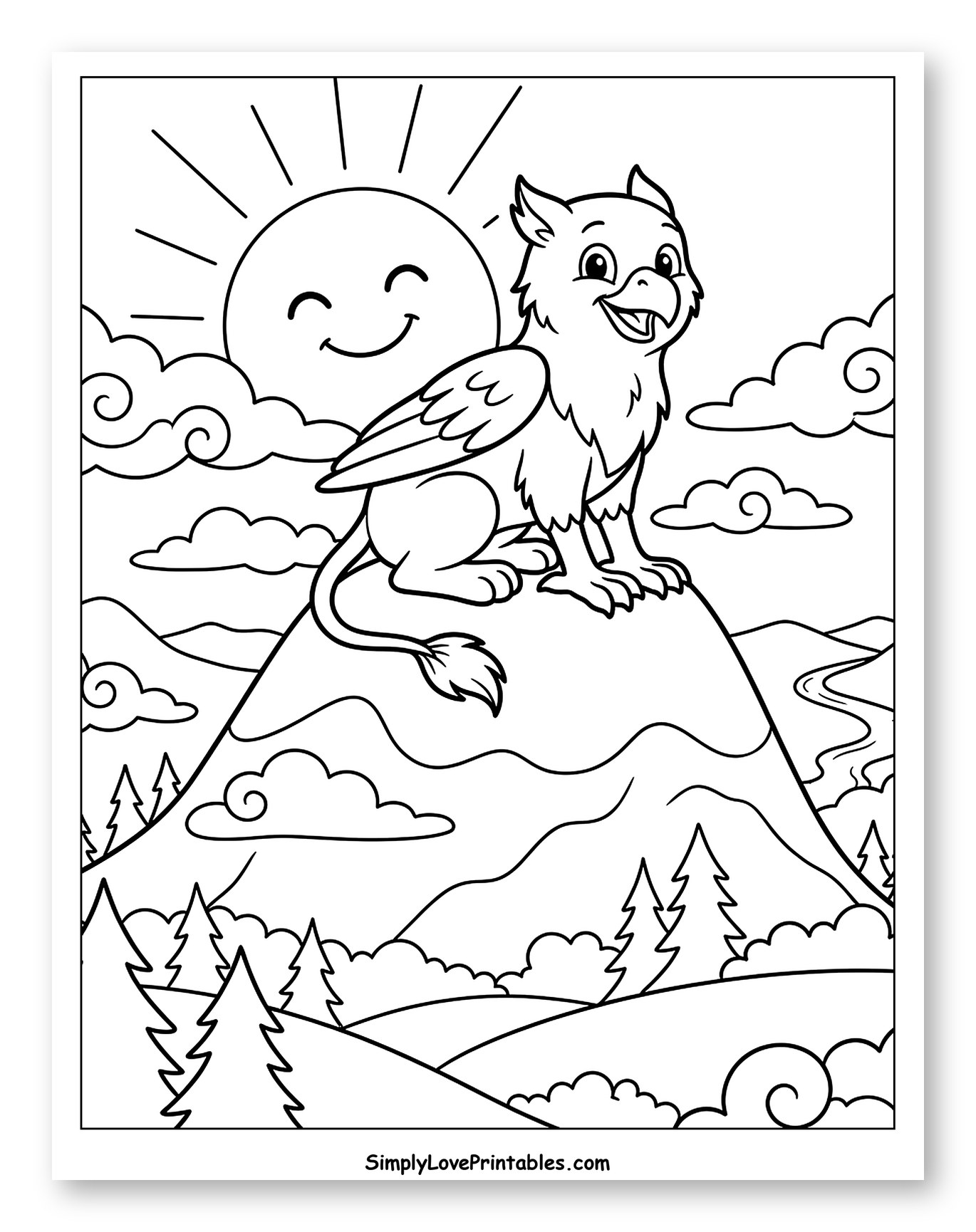 Cute Griffin on Mountain Peak with Smiling Sun Coloring Page for Kids