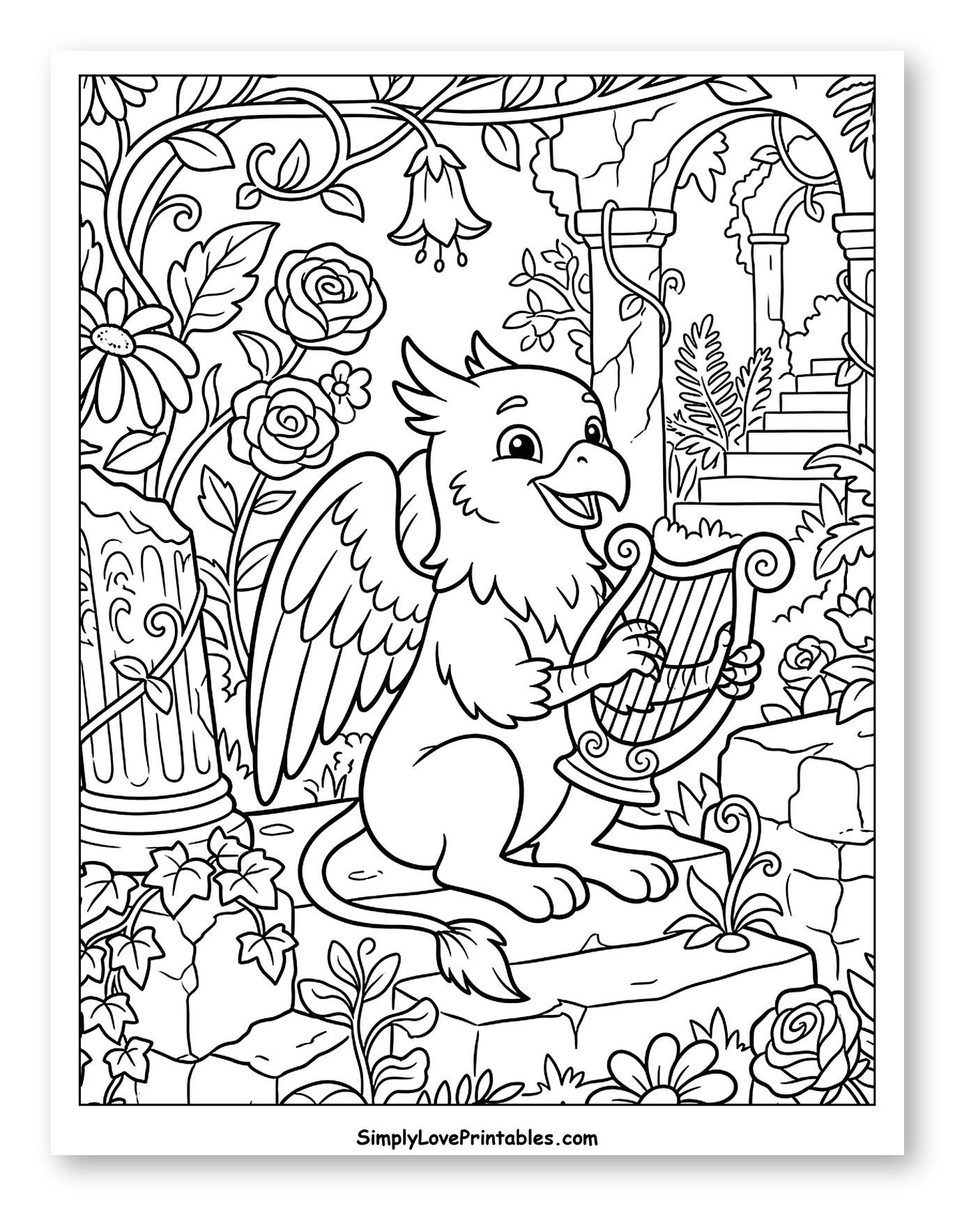 Cute Griffin Playing Harp in Overgrown Ruins Coloring Page for Kids