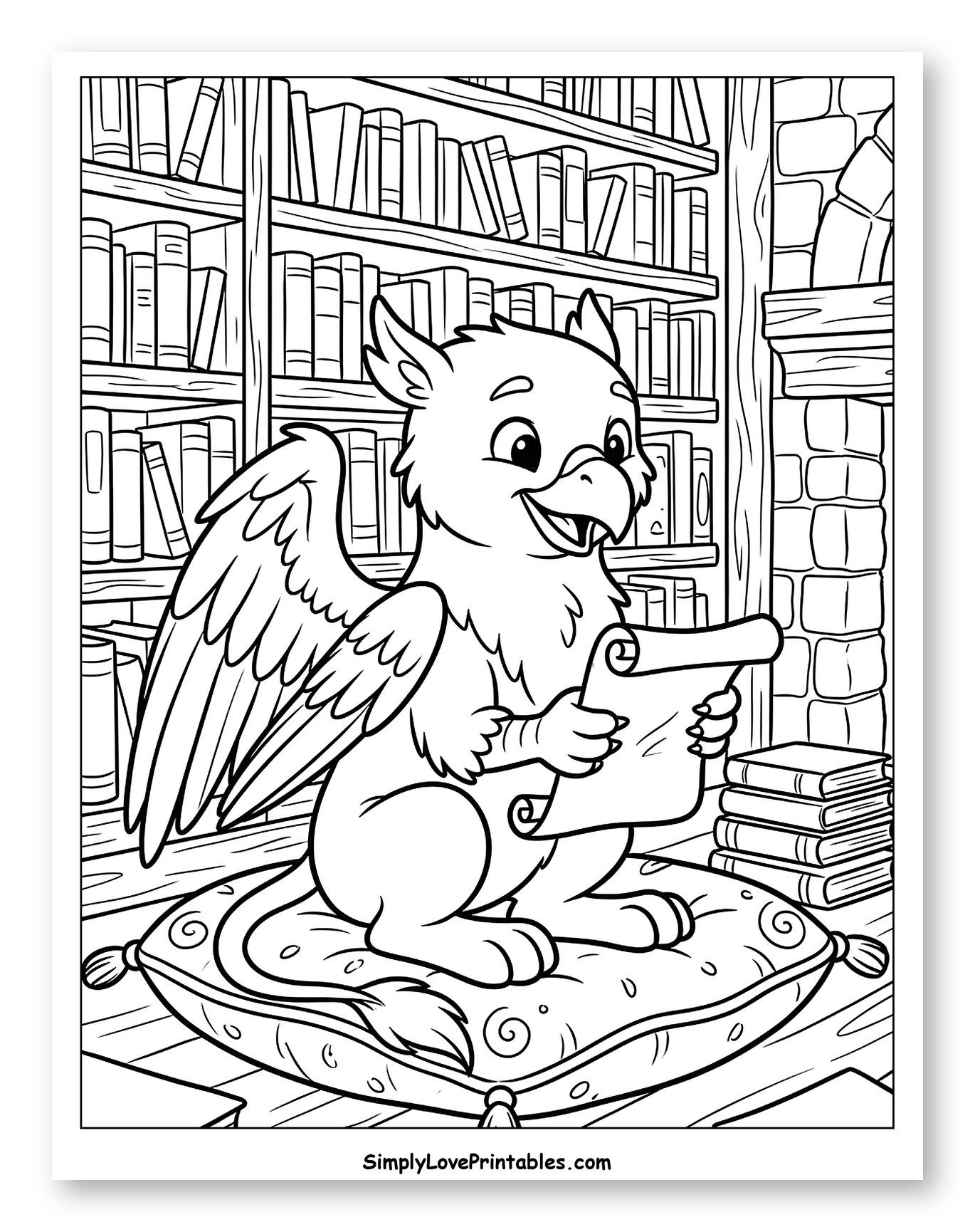 Cute Griffin Reading a Scroll in Library to Color for Kids