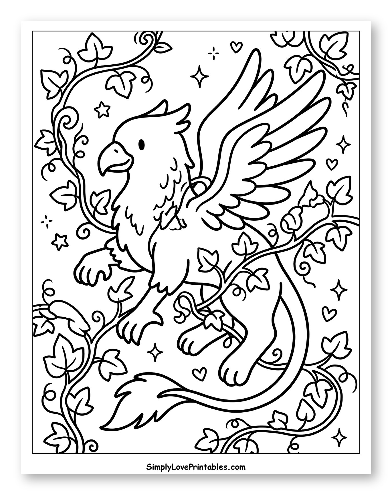 Cute Griffin with Vines and Stars Coloring Sheet for Adults