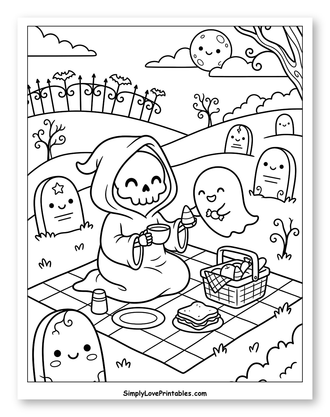 Cute Grim Reaper and Ghost Picnic in Graveyard