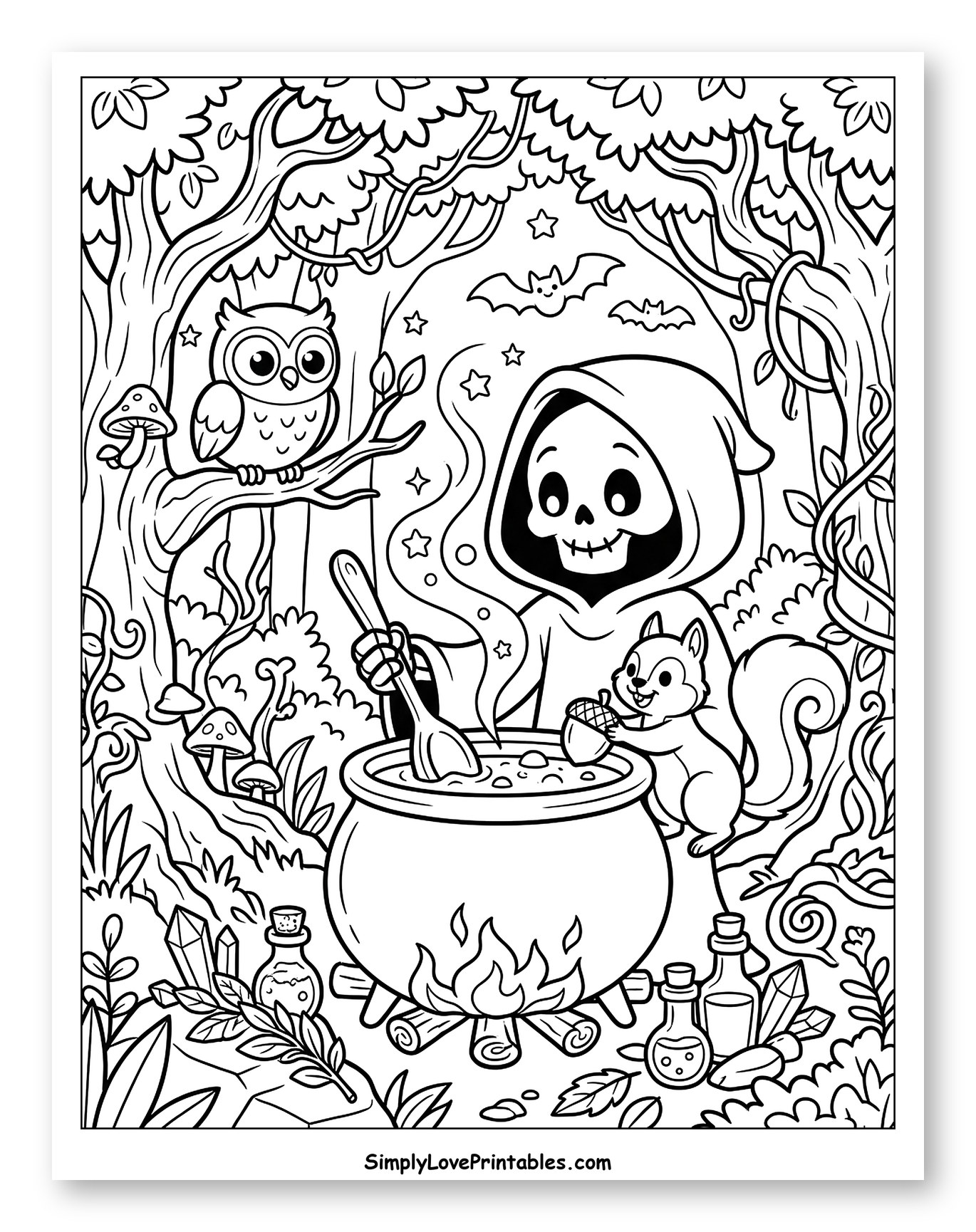 Cute Grim Reaper Brewing Potion in Forest