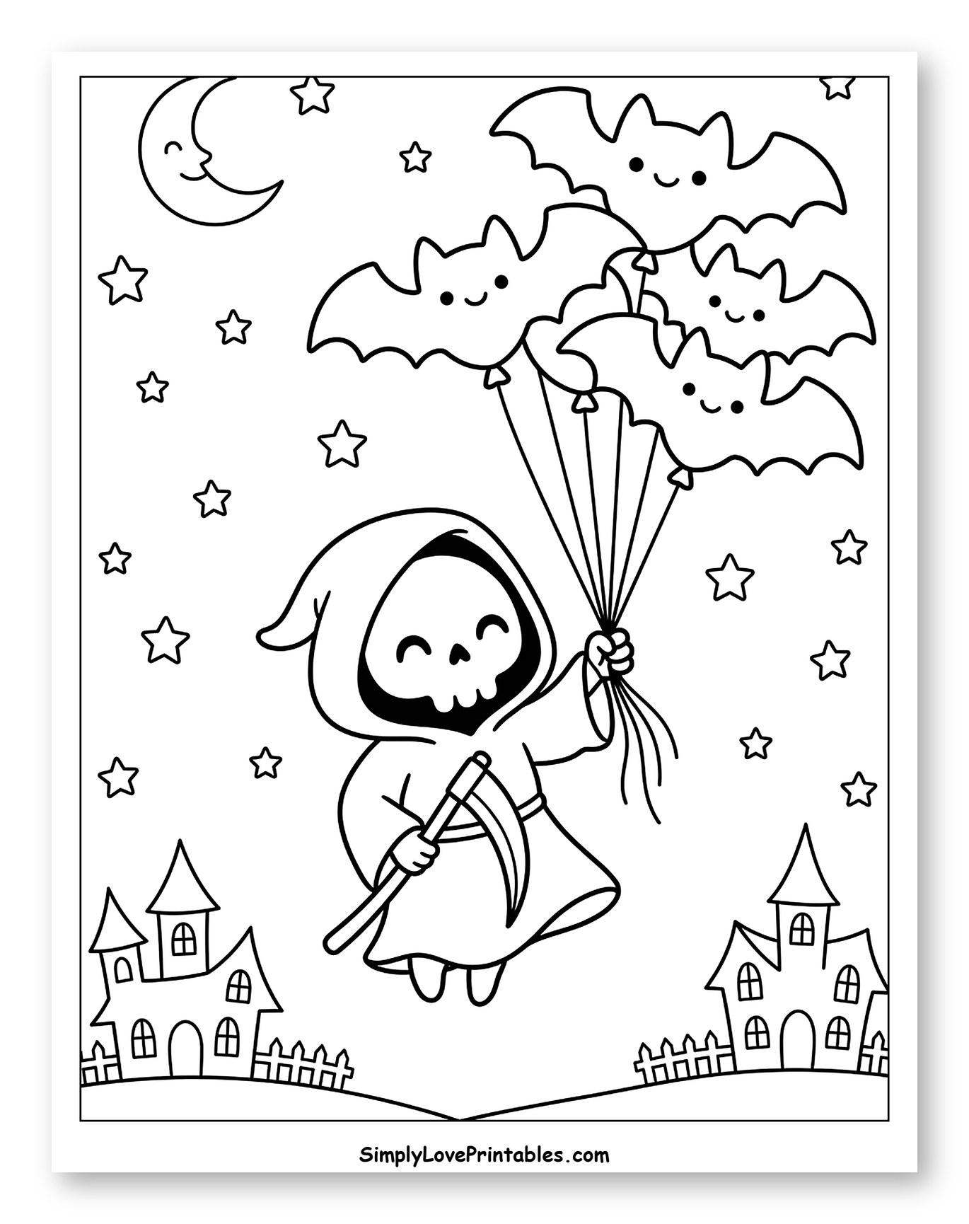 Cute Grim Reaper Flying with Bat Balloons