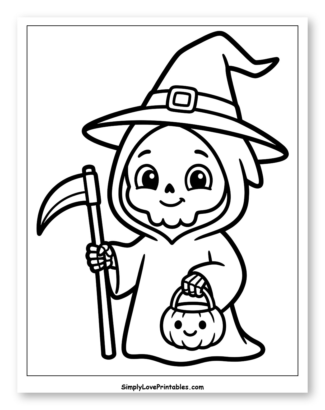 Cute Grim Reaper Holding Scythe and Pumpkin Bucket
