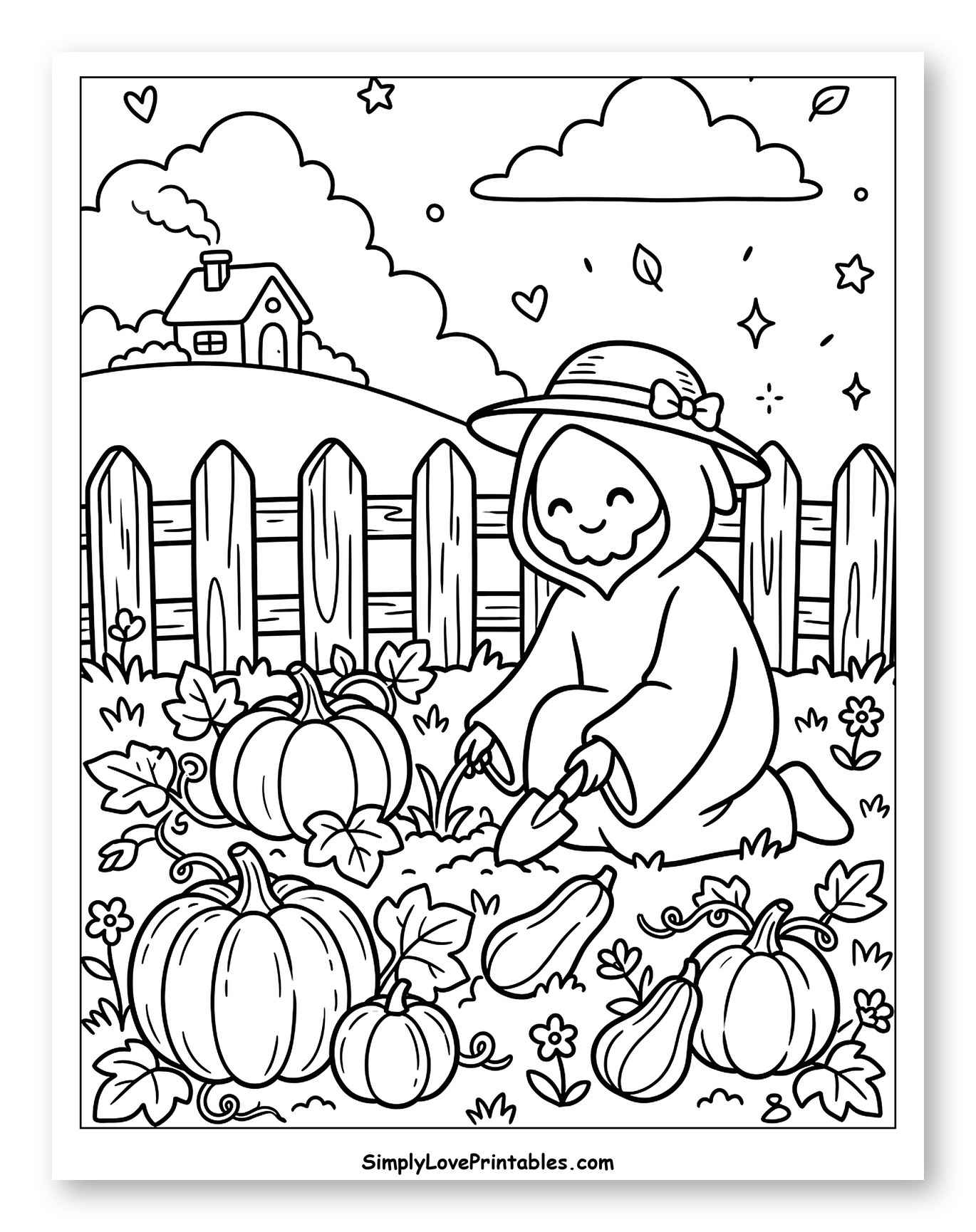 Cute Grim Reaper Tending a Pumpkin Patch