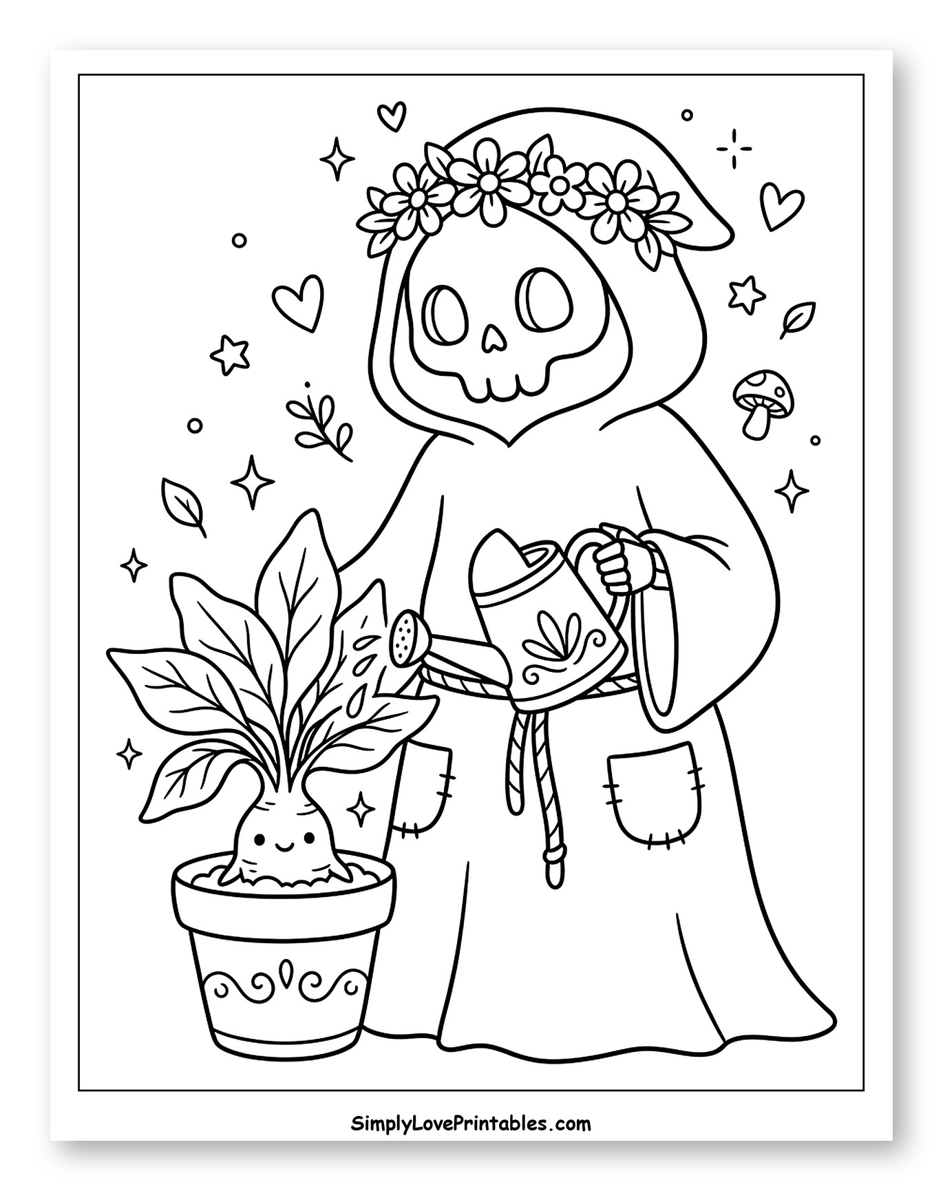 Cute Grim Reaper Watering a Happy Mandrake