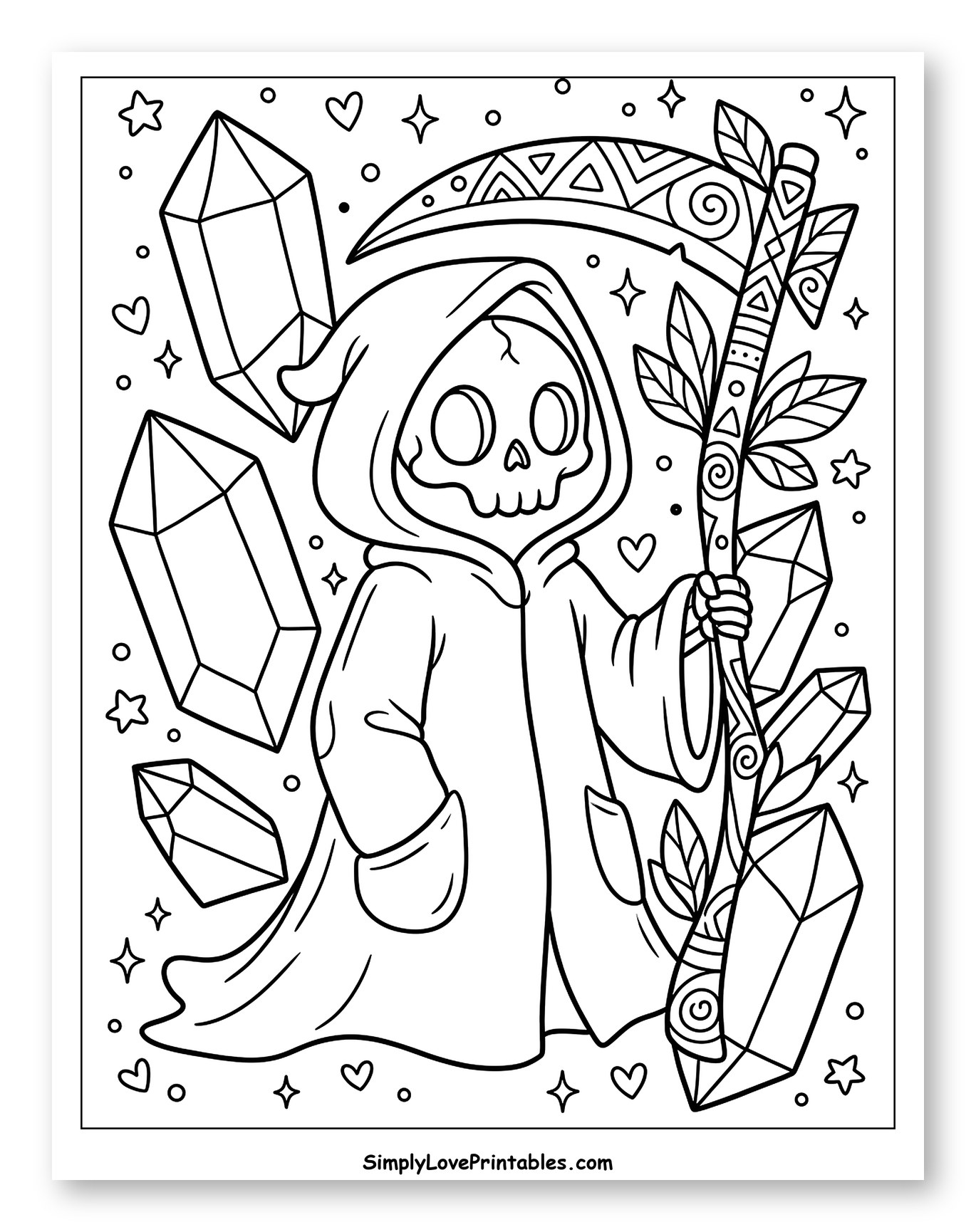 Cute Grim Reaper with Crystals and Scythe