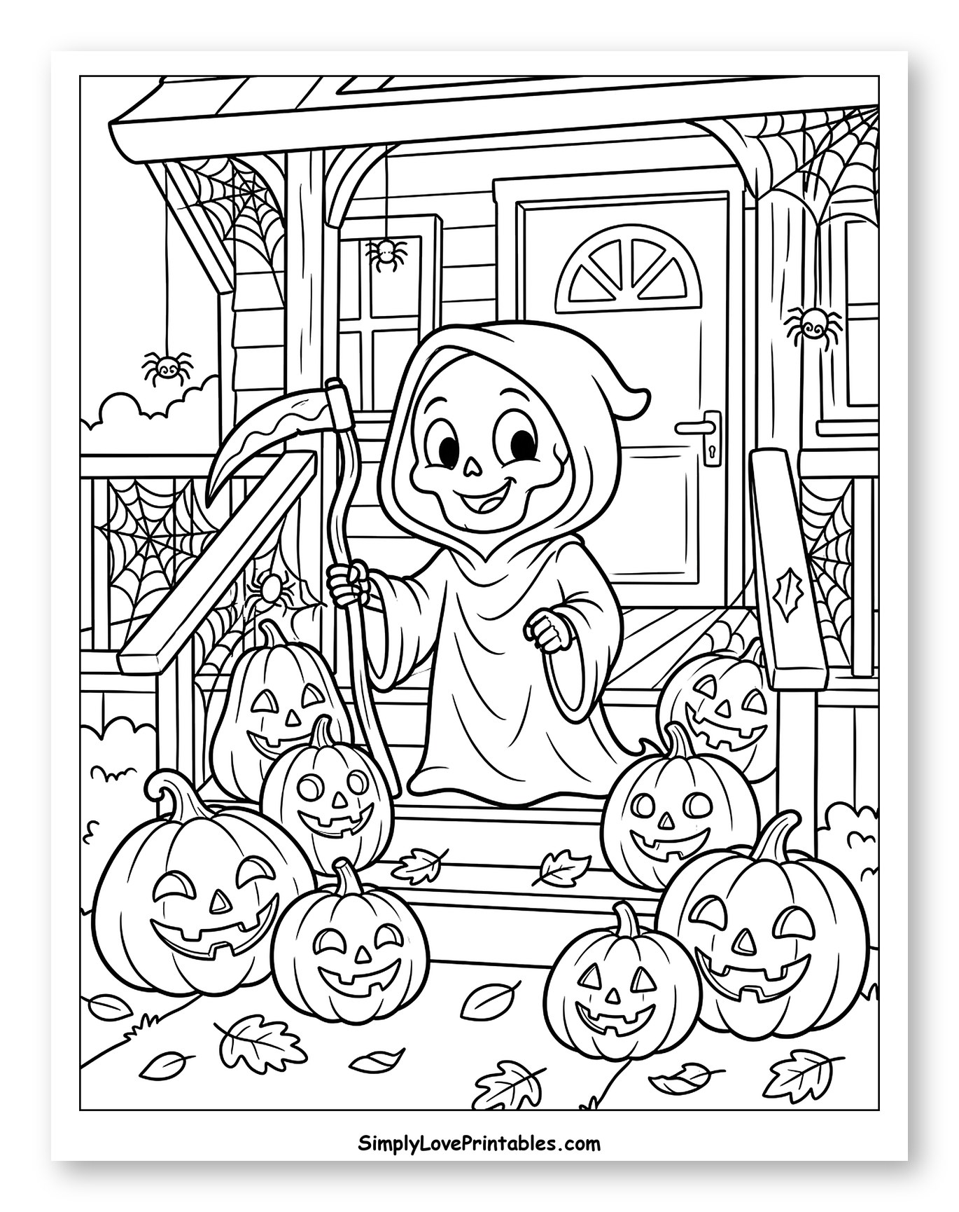 Cute Grim Reaper with Halloween Pumpkins and Spiders
