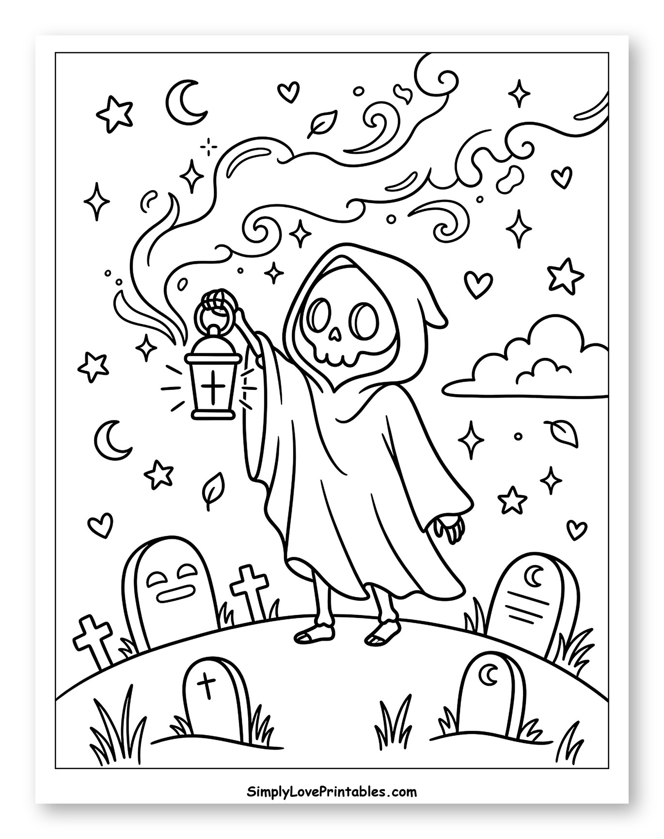 Cute Grim Reaper with Lantern in Graveyard