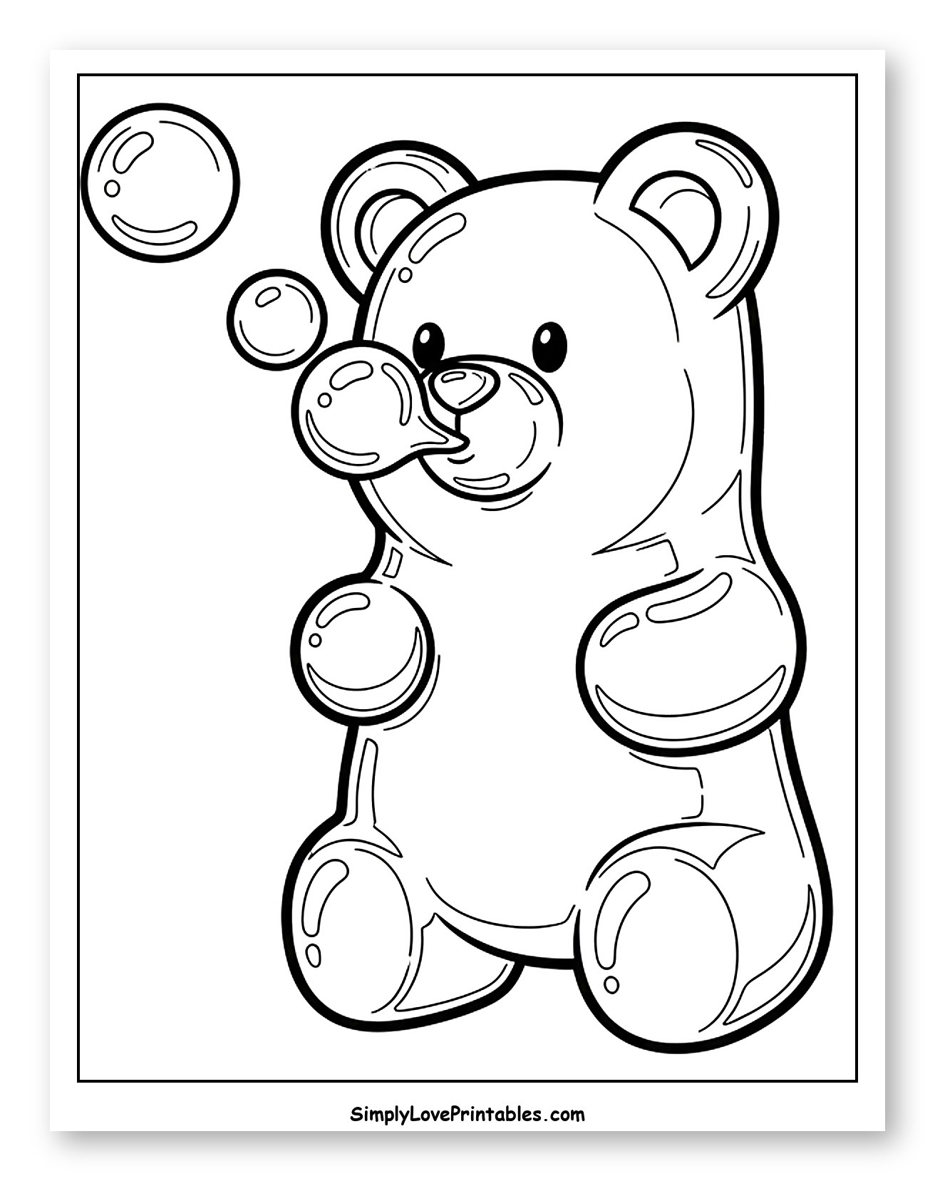 Cute Gummy Bear Blowing Shiny Bubbles Coloring Page for Toddlers