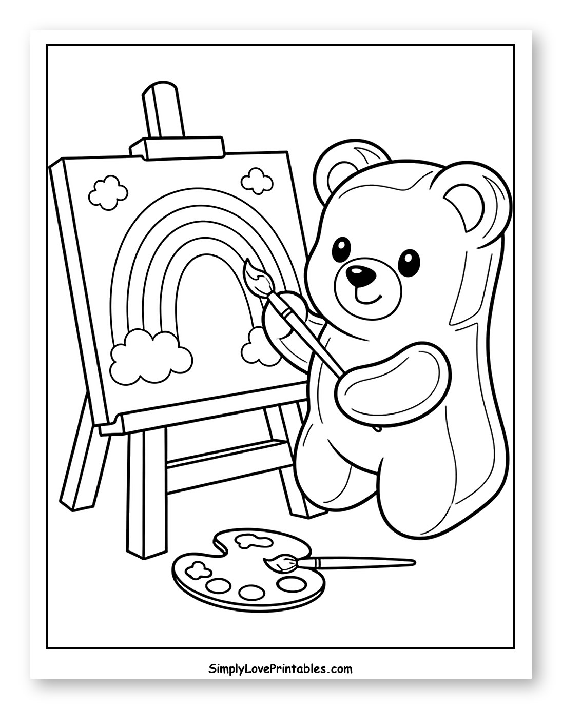 Cute Gummy Bear Painting a Rainbow to Color for Kids