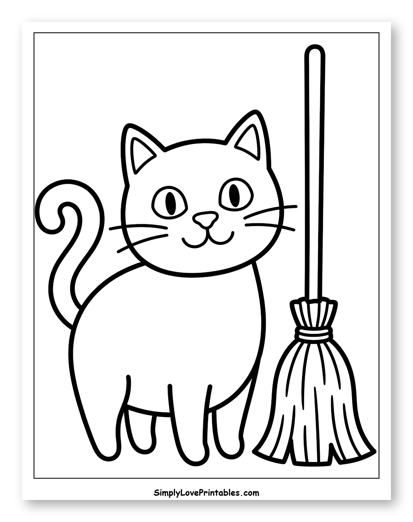 Cute Halloween Cat with a Broom Coloring Page for Toddlers