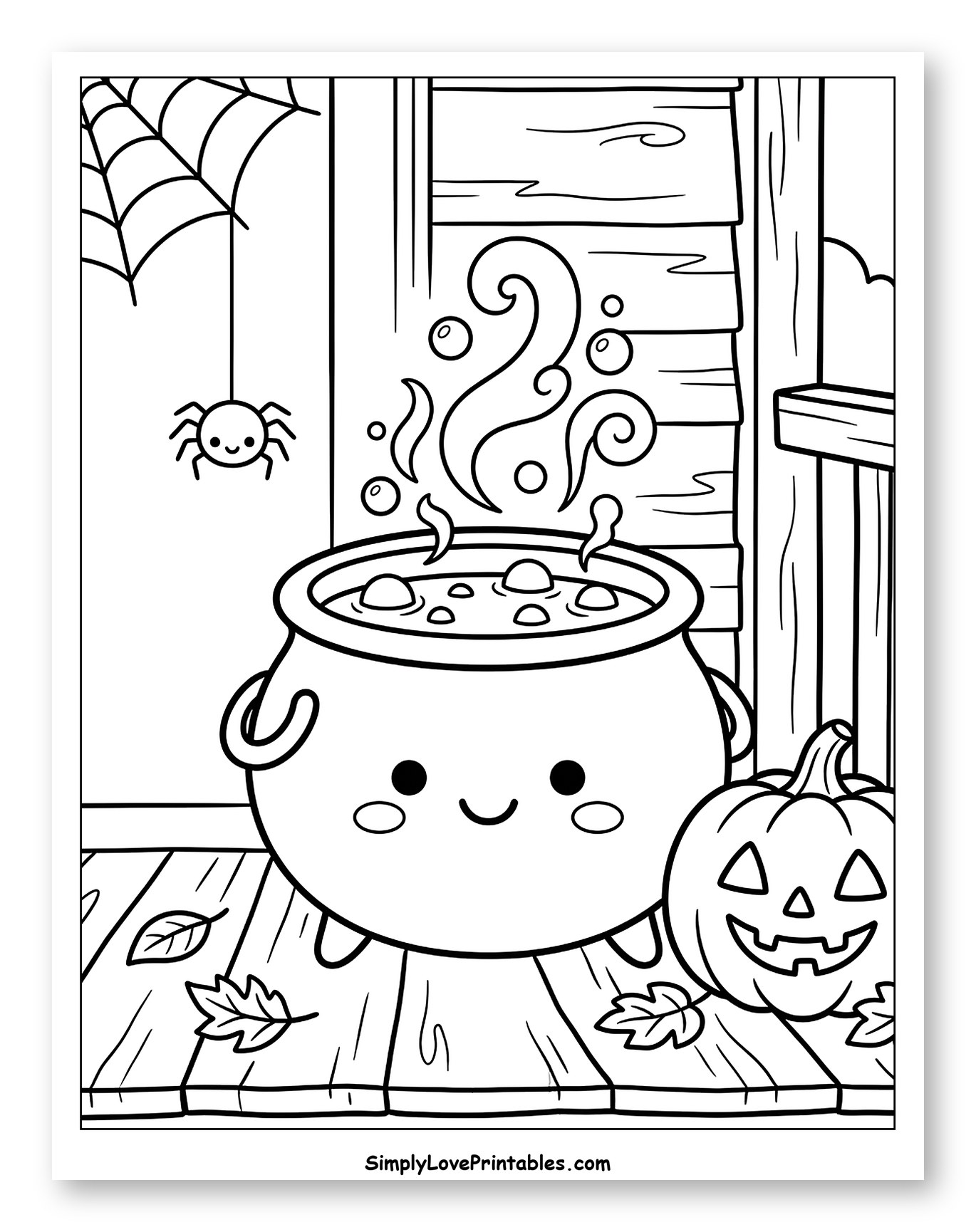 Cute Halloween Cauldron and Jack-o'-Lantern to Color for Kids