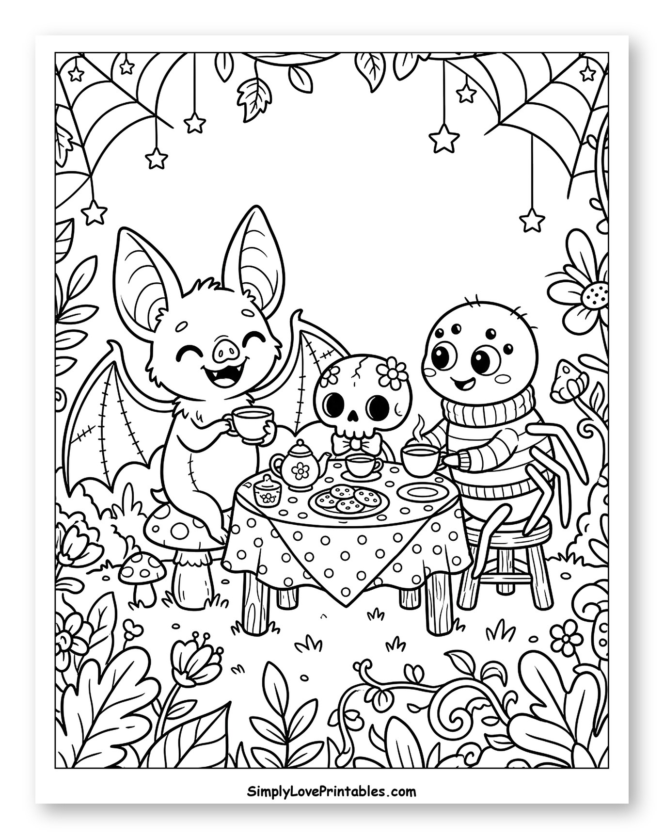 Cute Halloween Friends Tea Party Coloring Page for Kids