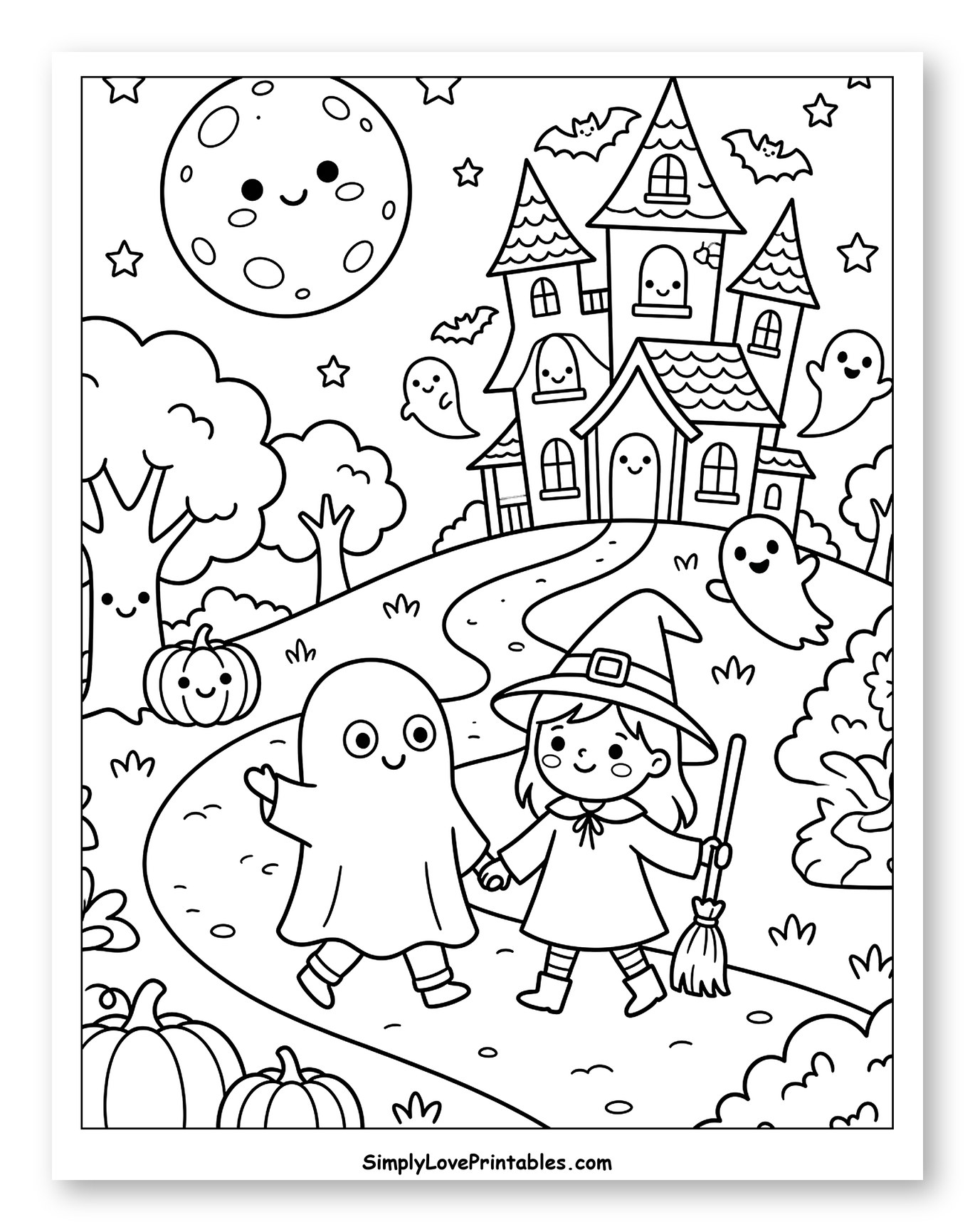 Cute Halloween Haunted House with Witch and Ghost to Color for Kids
