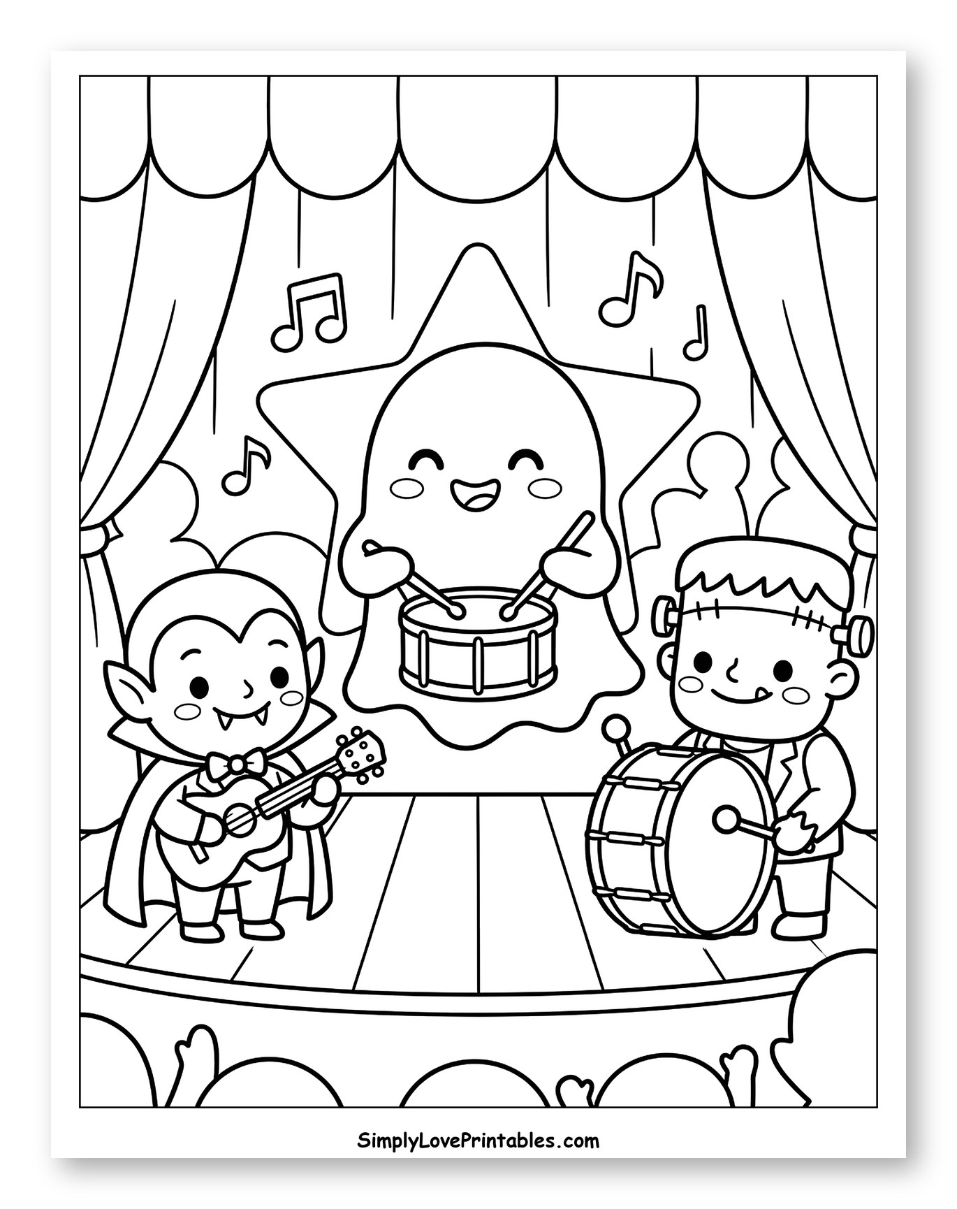 Cute Halloween Monsters Playing Music on Stage
