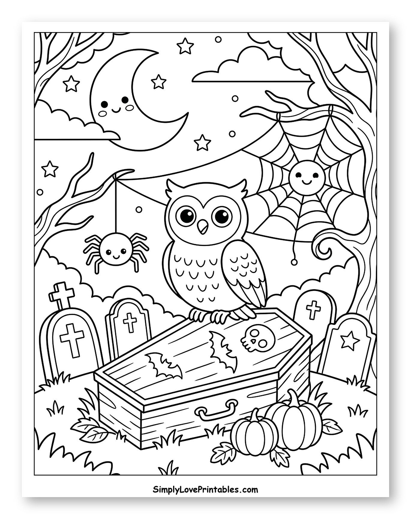 Cute Halloween Owl on Coffin in Graveyard