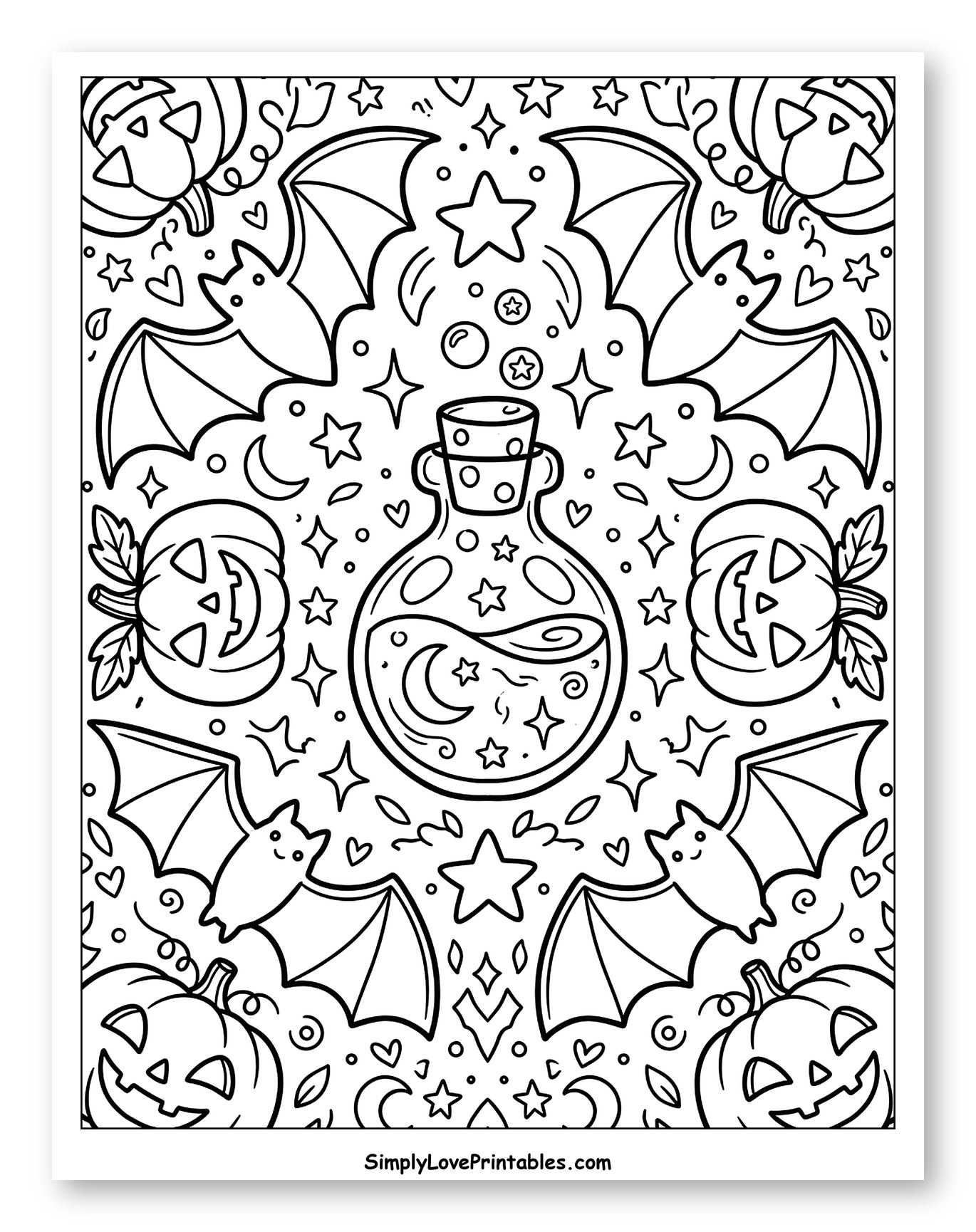 Cute Halloween Potion Bottle with Bats and Pumpkins to Color for Adults