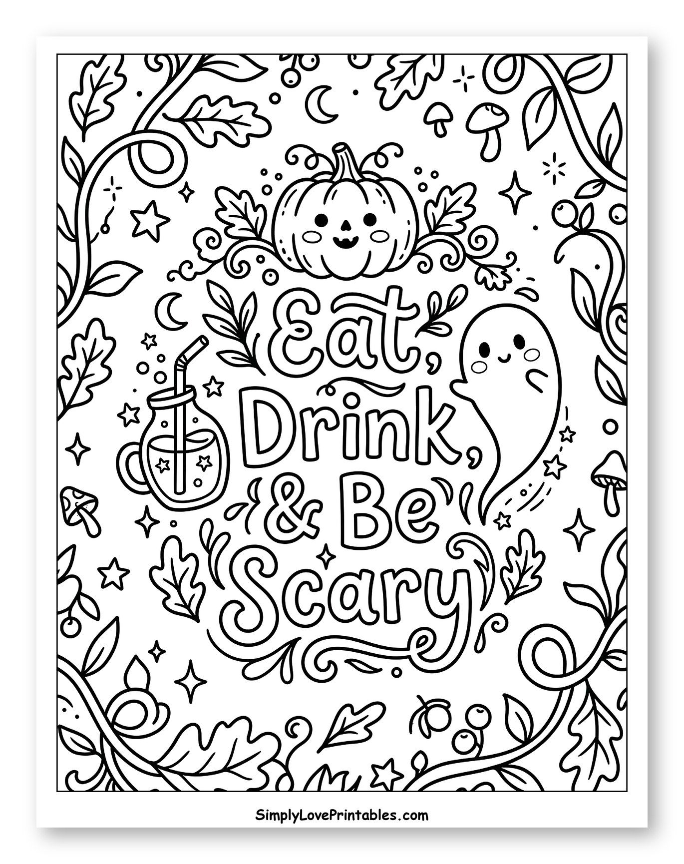 Cute Halloween Pumpkin Ghost and Quote Coloring Page for Adults