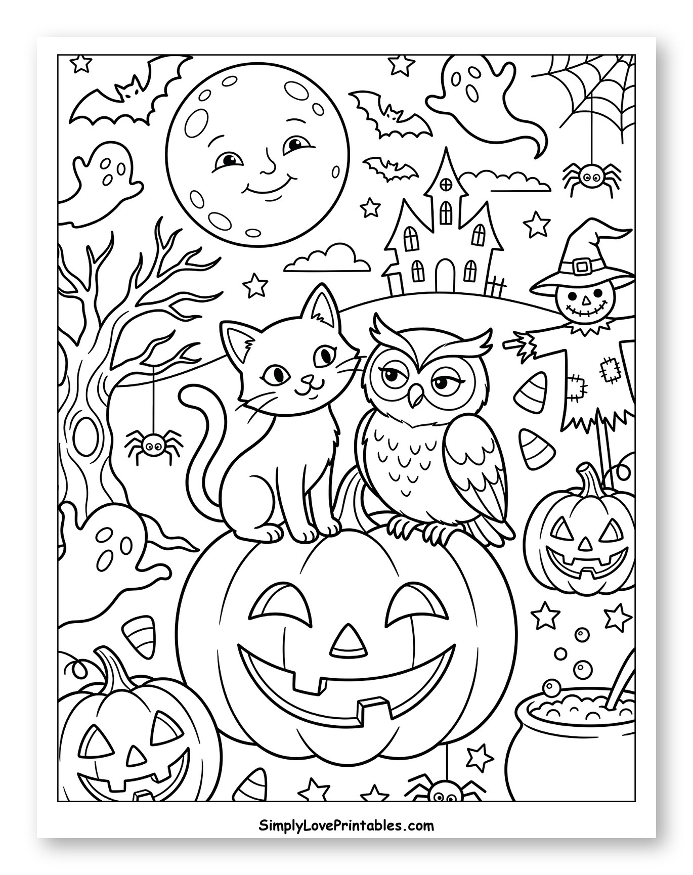 Cute Halloween Scene with Friends and Pumpkins Coloring Sheet for Kids