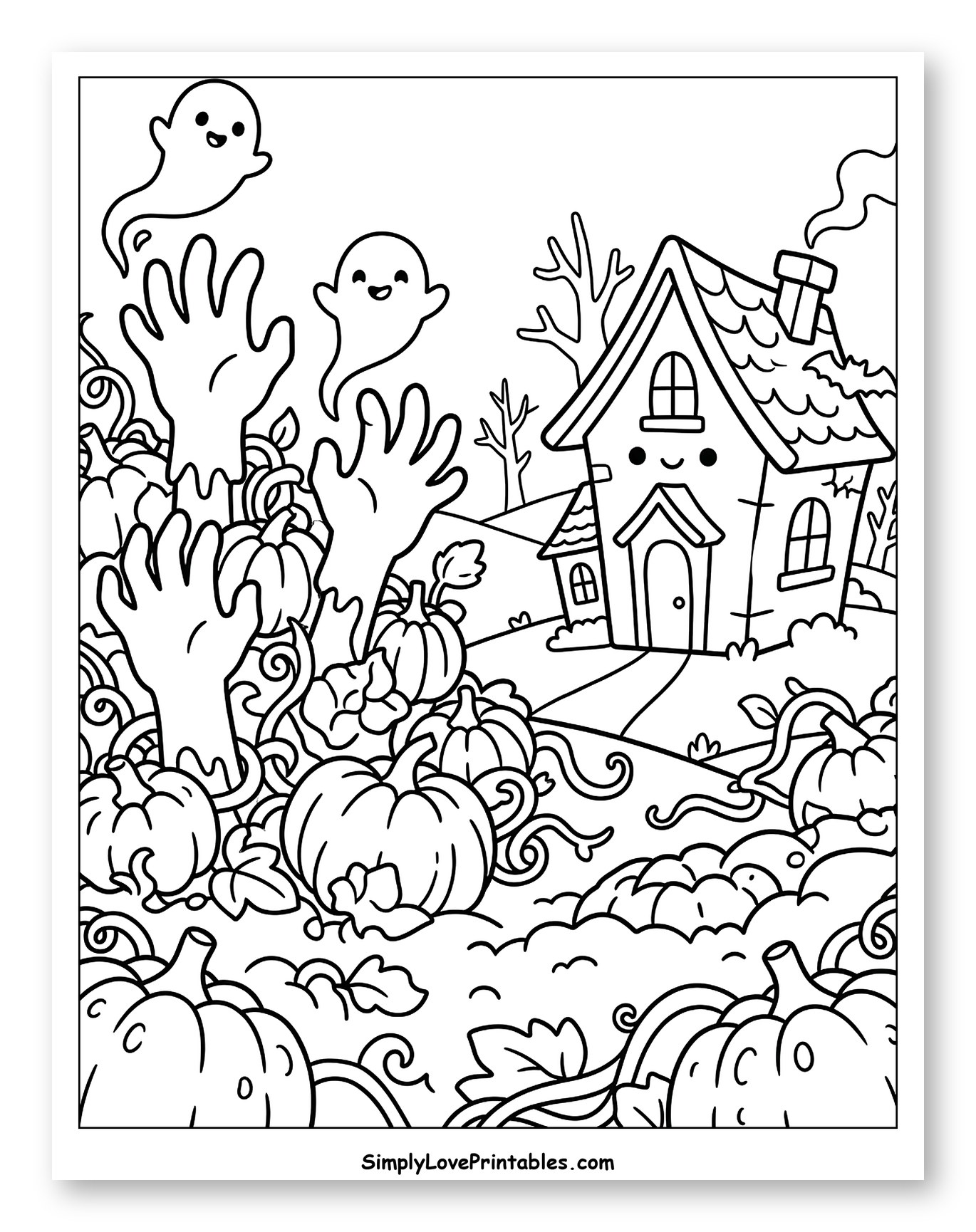 Cute Halloween Scene with Ghosts and Zombie Hands Coloring Sheet for Kids