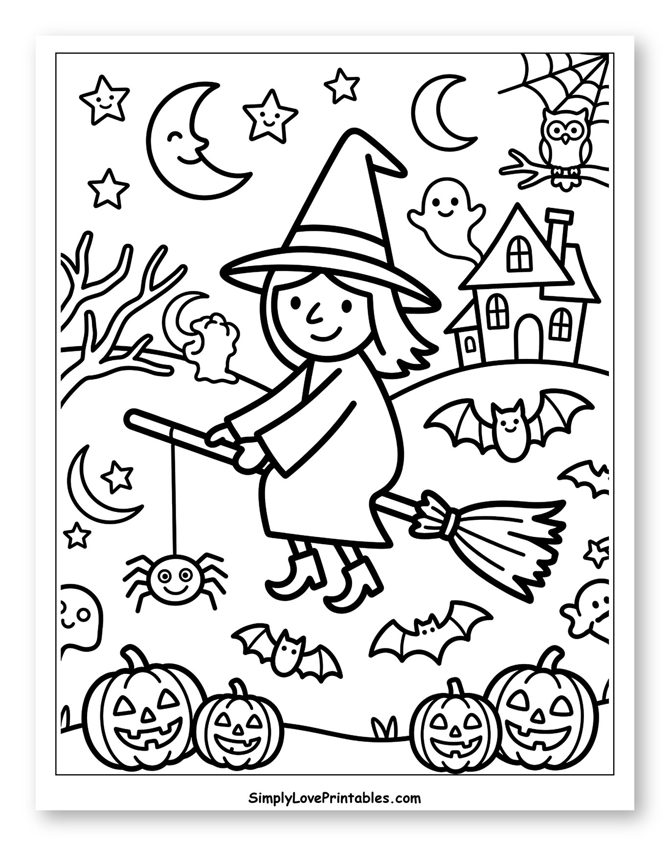 Cute Halloween Scene with Witch, Ghosts, and Pumpkins