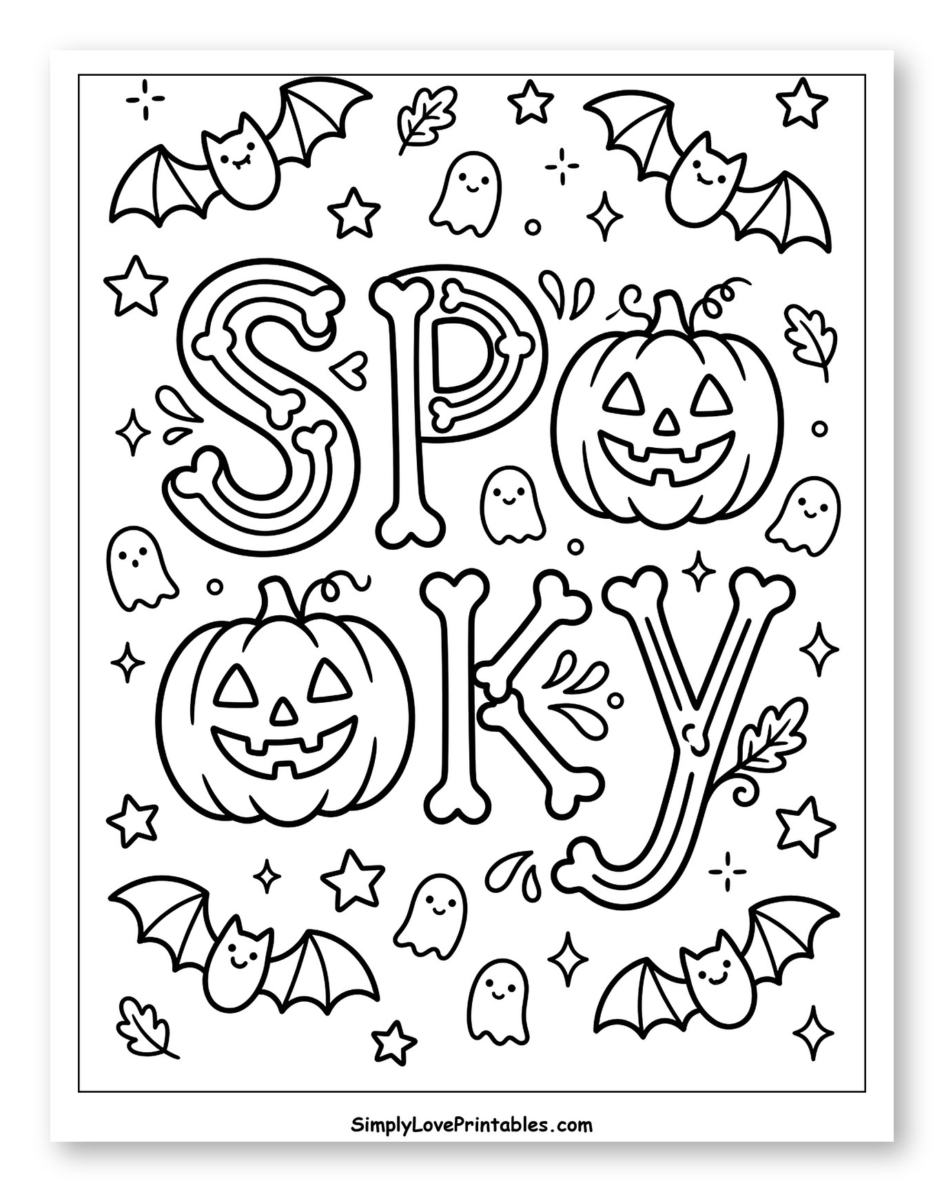 Cute Halloween Spooky Lettering with Jack-o'-Lanterns Coloring Page for Adults