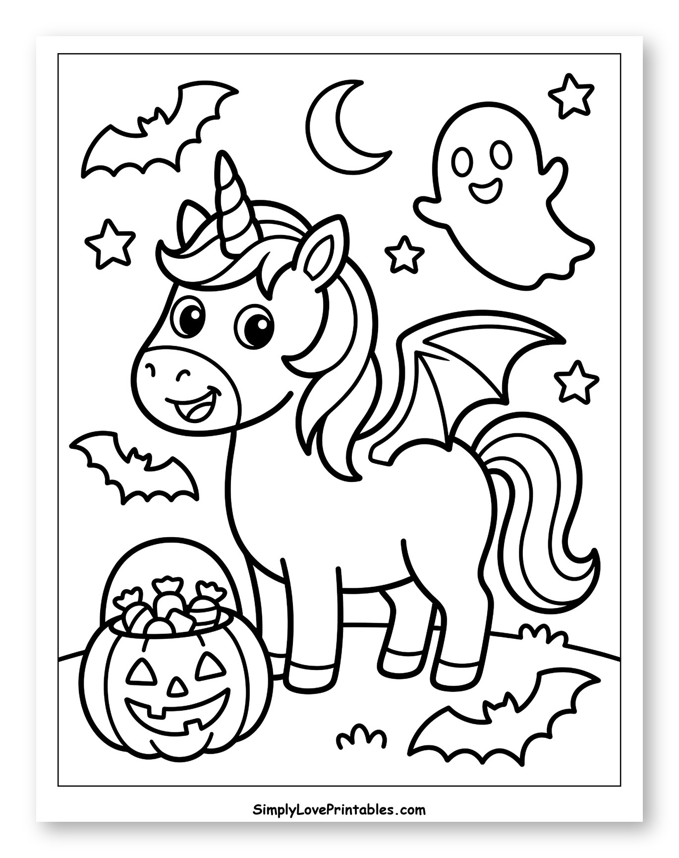 Cute Halloween Unicorn with Candy and Ghost