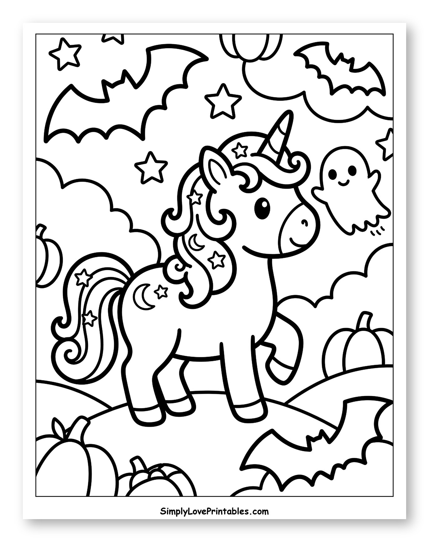 Cute Halloween Unicorn with Ghost and Pumpkins