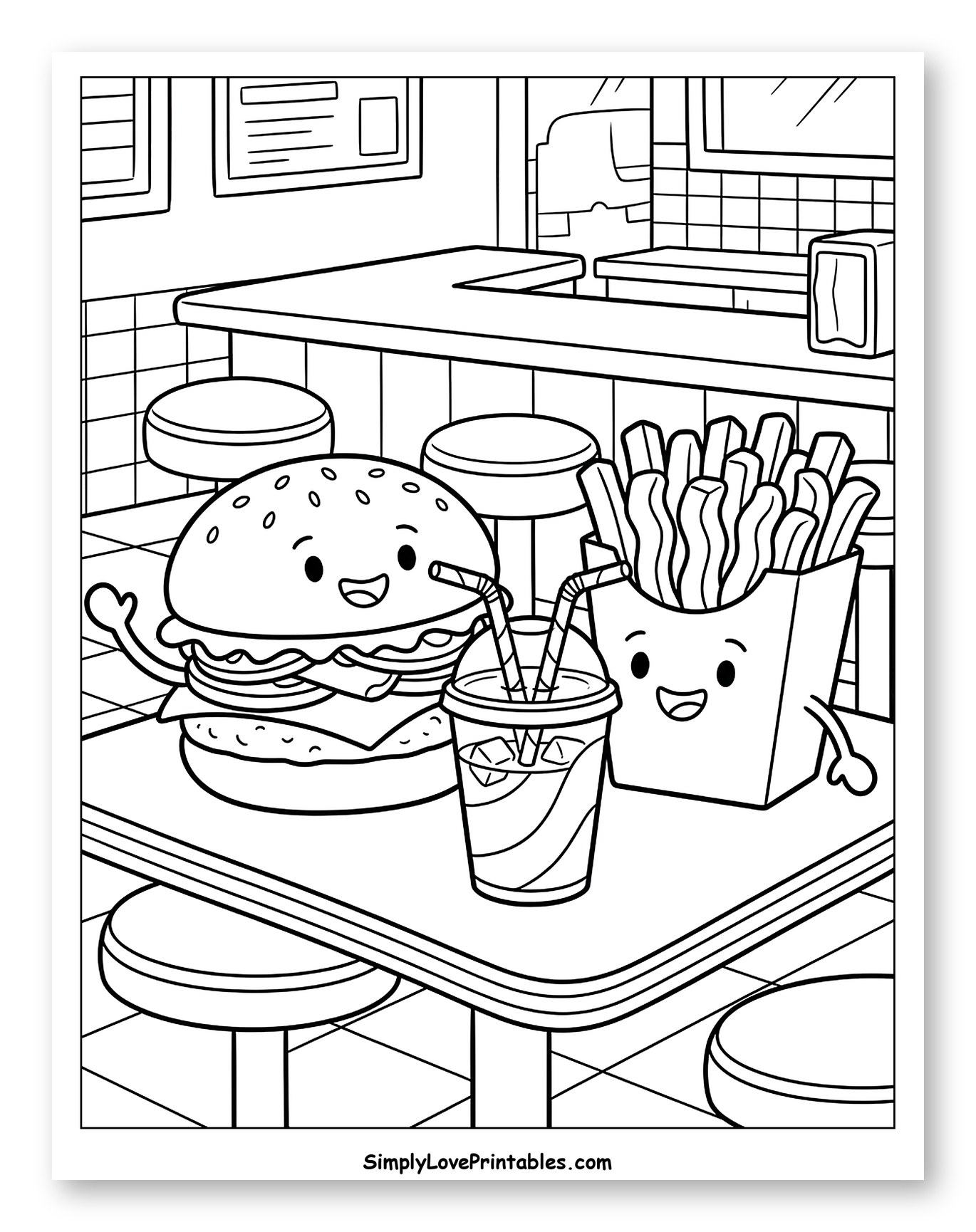 Cute Hamburger, Fries, and Drink at Diner