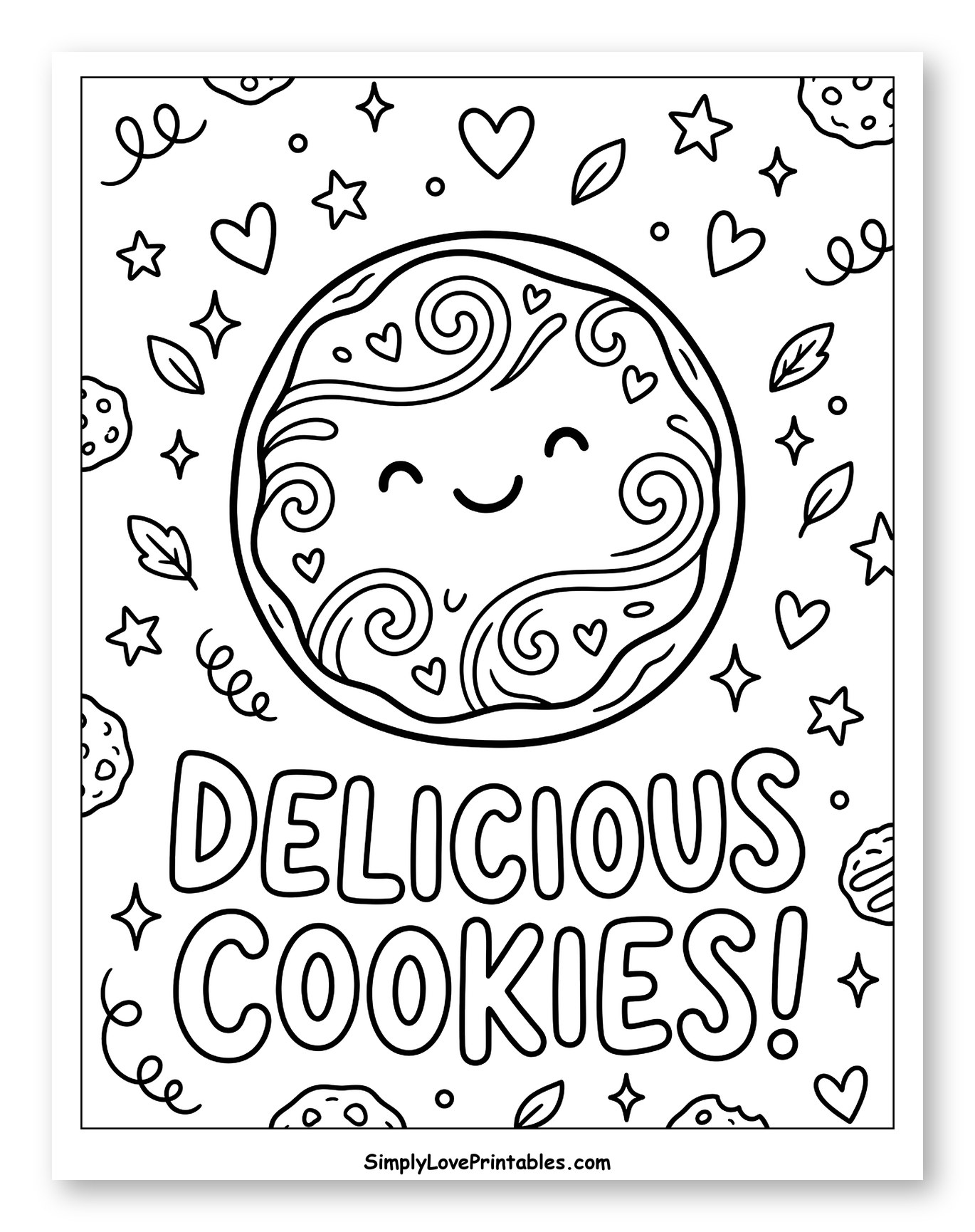 Cute Happy Cookie with Delicious Cookies Text Coloring Sheet for Adults