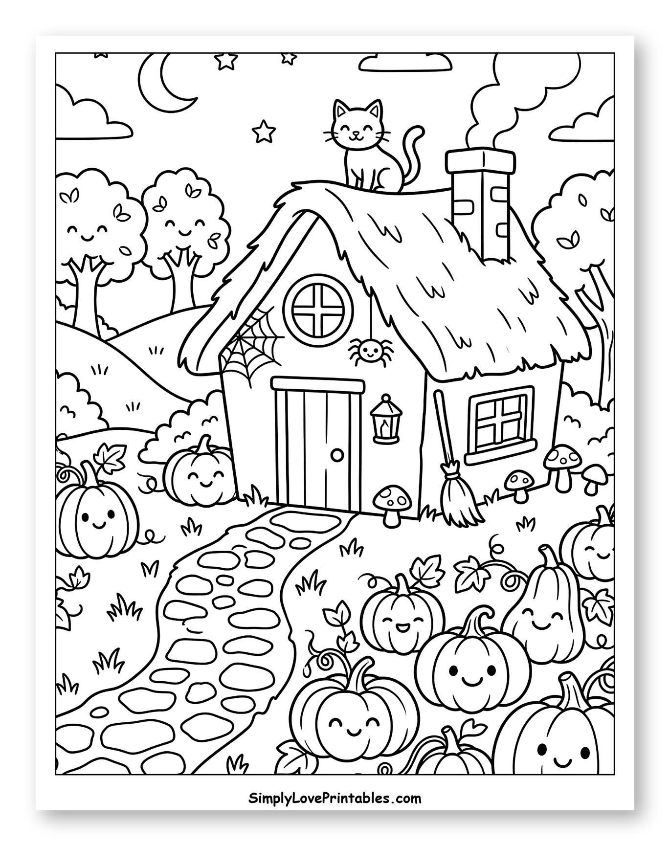 Cute Haunted House with Smiling Pumpkins and Cat