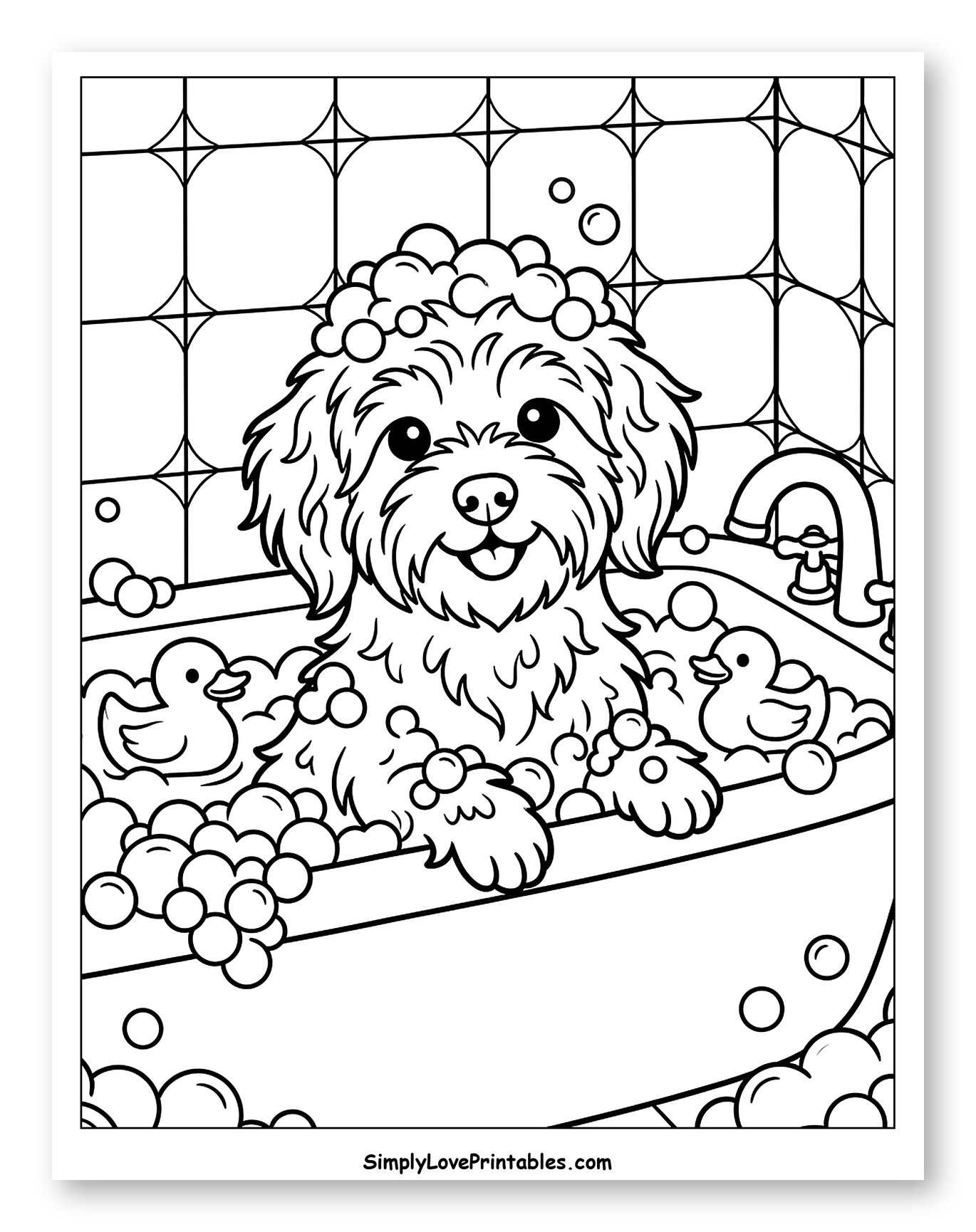 Cute Havanese Dog Bath Time with Ducks Coloring Page for Kids